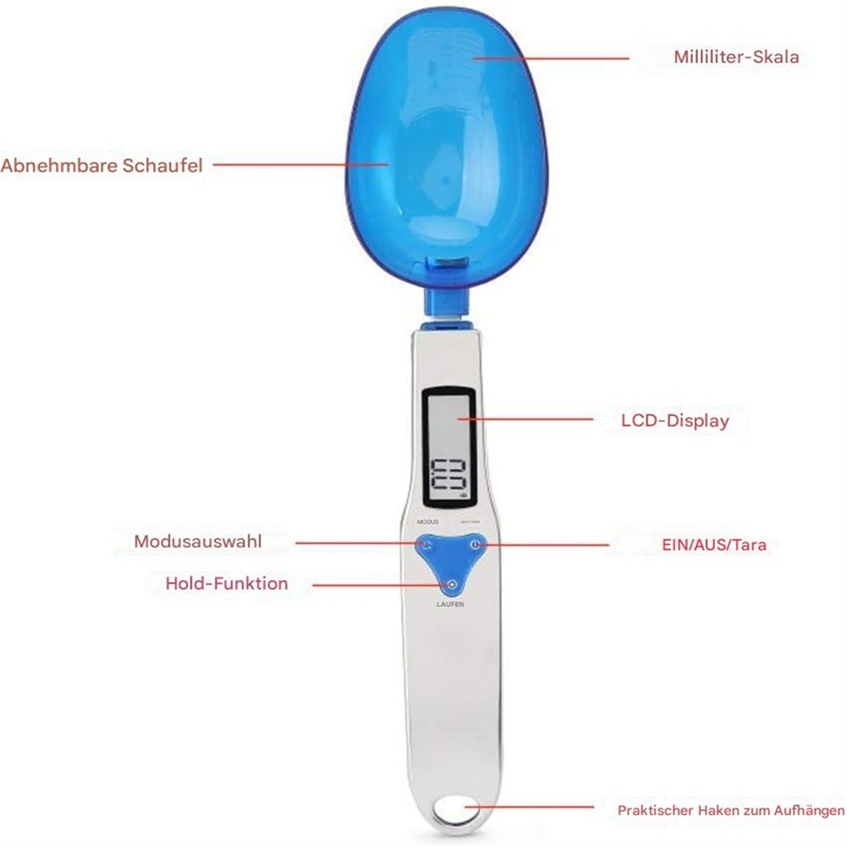 Blaue Löffelwaage mit LCD-Display. Zeigt Maßeinheiten und Beschriftungen.