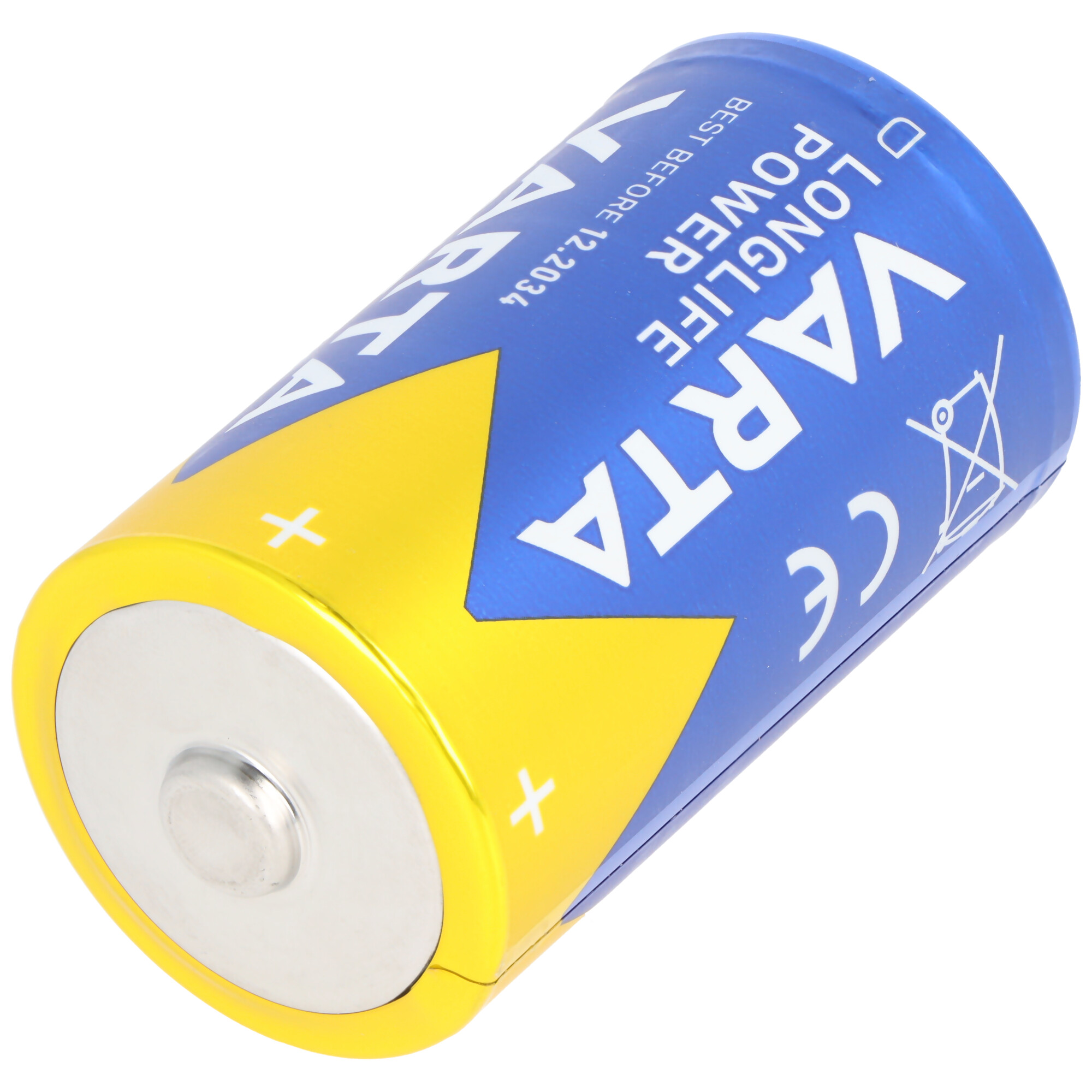 Blaue und gelbe Varta AA-Batterie. Text: Power Longlife Best Before 12.2034.