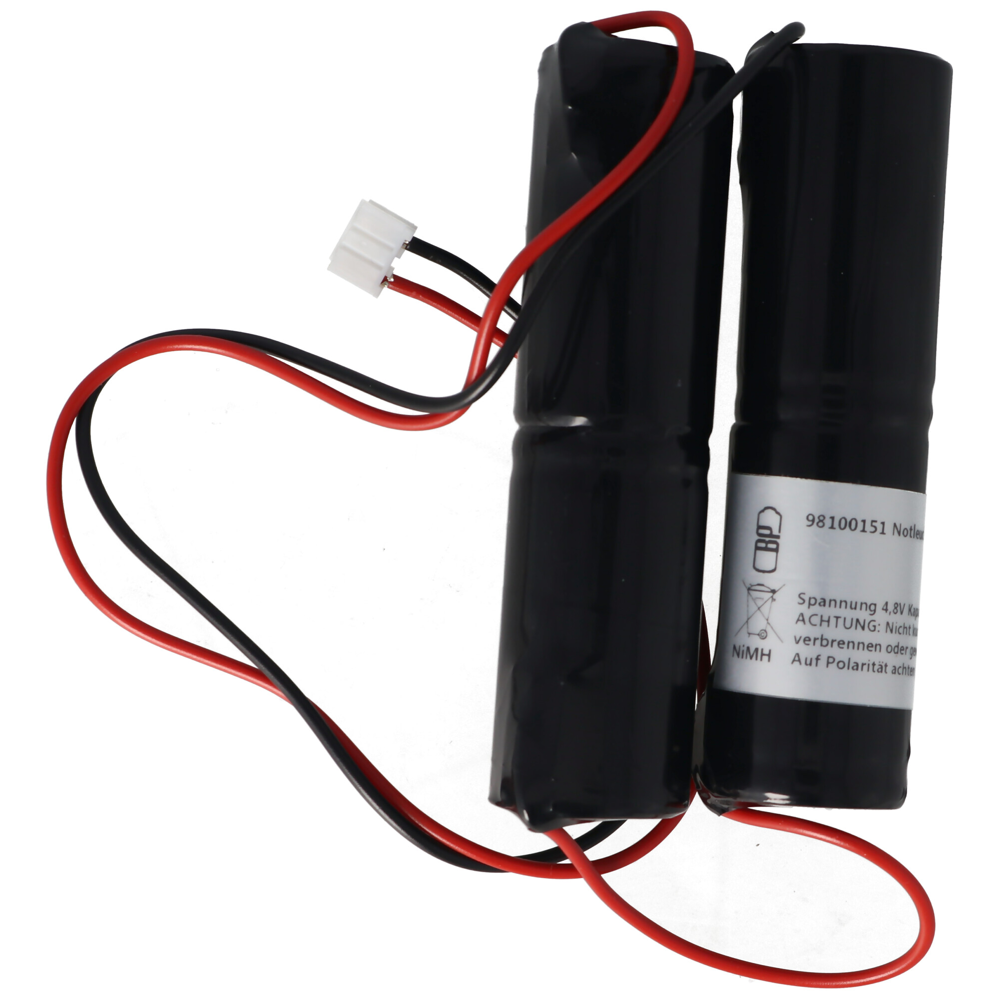 Zwei schwarze zylindrische Batterien mit roten und schwarzen Drähten und einem weißen Stecker.