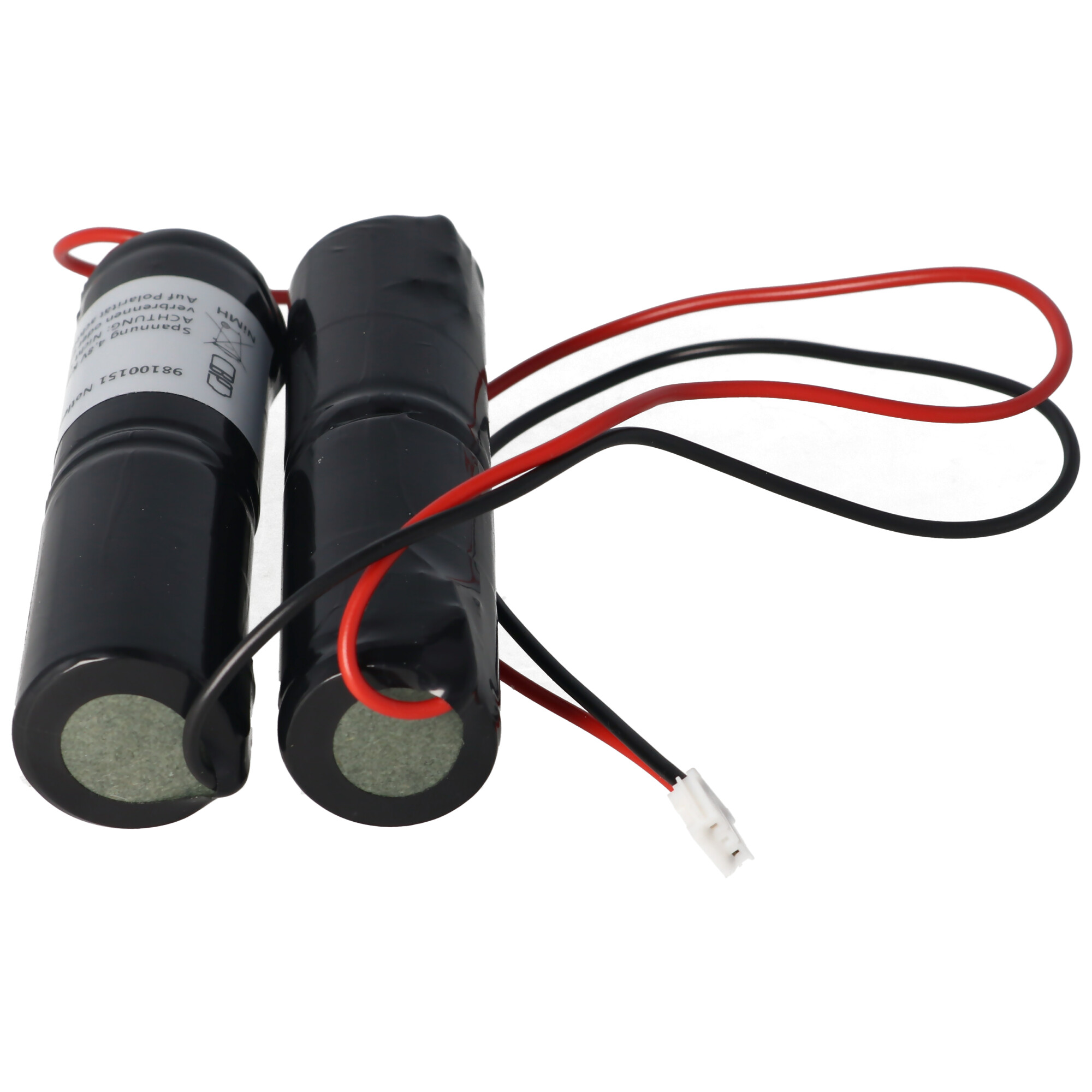 Zwei schwarze Batteriezellen mit roten und schwarzen Drähten. Weißer Stecker am Ende der Drähte.