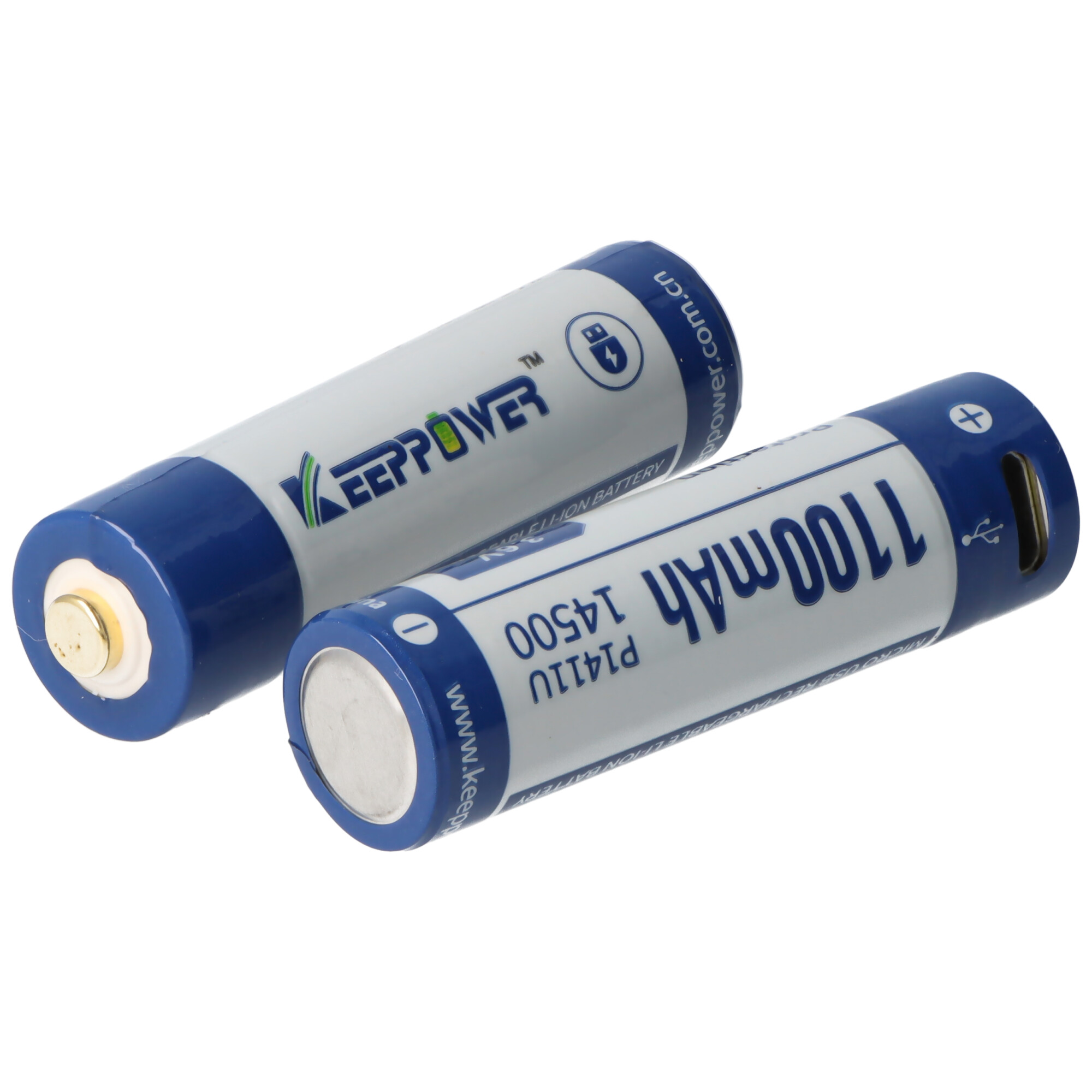 Zwei zylindrische blau-weiße Batterien. Der Markenname 'KEEPOWER' ist auf einer sichtbar.
