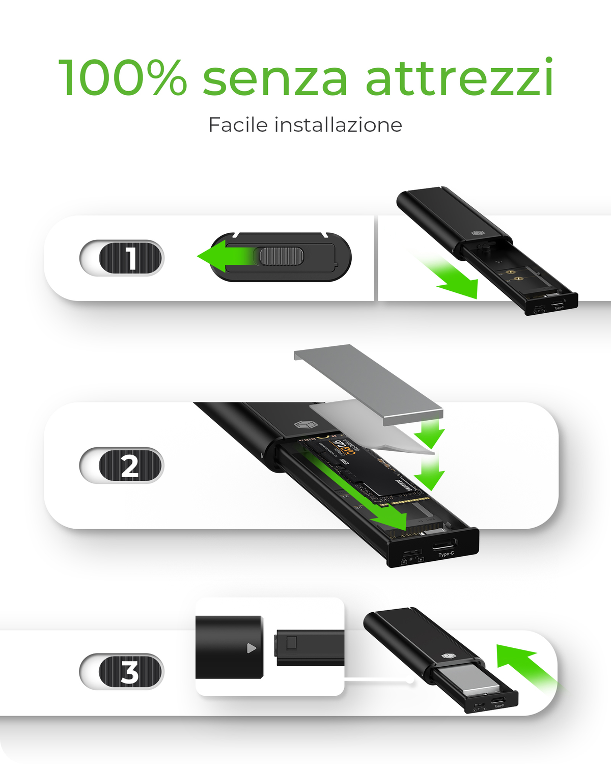 Schema di un alloggiamento SSD nero. Passaggi per l'installazione di un SSD.