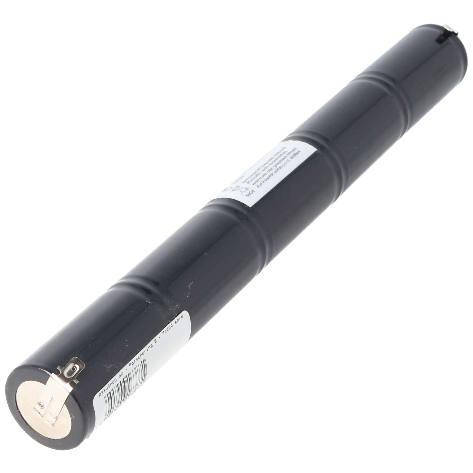 Schwarze zylindrische Batterie. Weißes Etikett mit Text.