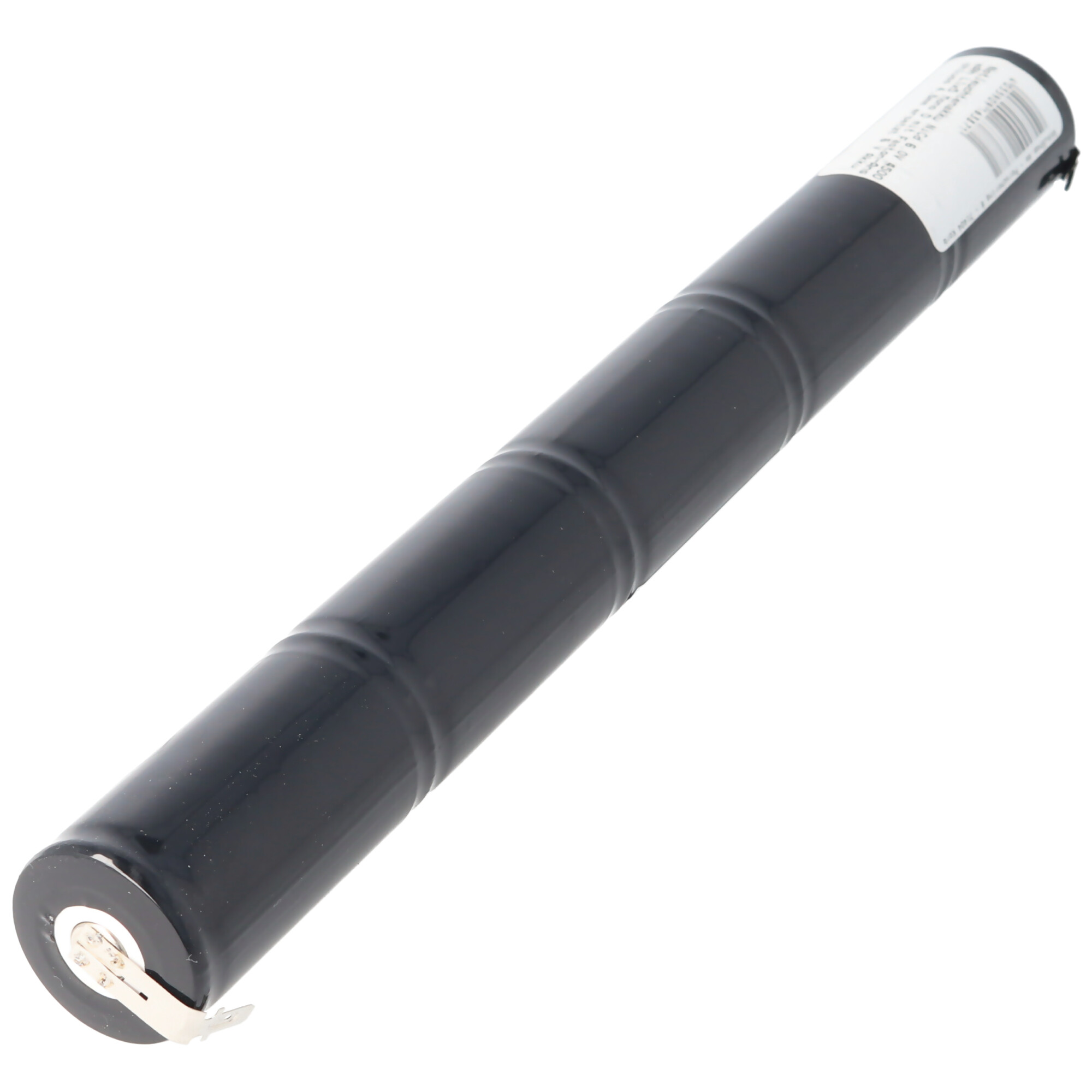 Eine schwarze zylindrische Batterie mit Rillen und einem Etikett, von einem Ende aus betrachtet.