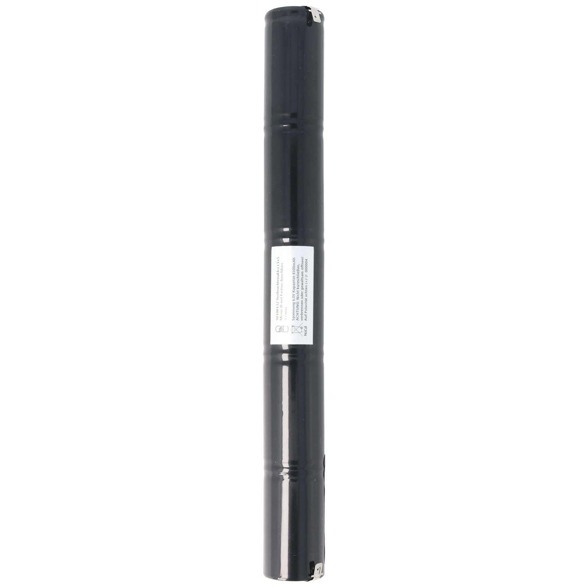 Eine schwarze zylindrische Batterie mit einem weißen Etikett, das sie umhüllt.