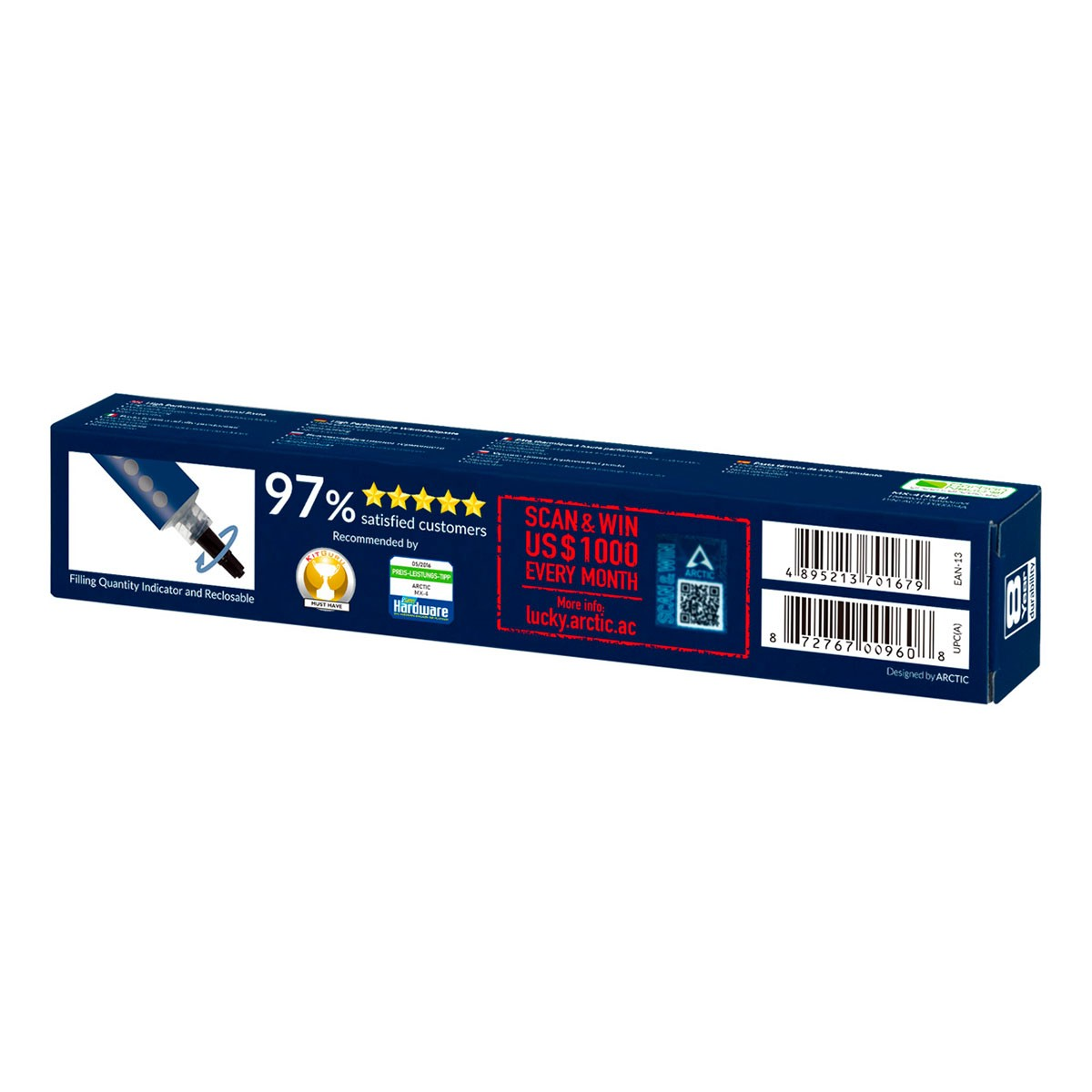 Długie, niebieskie pudełko z tekstem i grafiką pióra. Ma kod kreskowy i tekst.