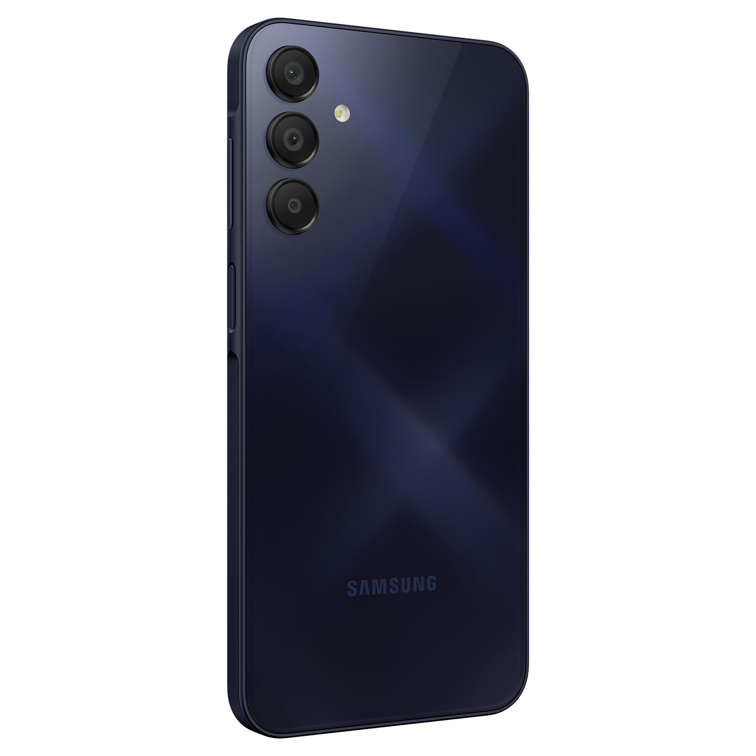 Granatowy smartfon. Potrójny obiektyw. Logo Samsung. Białe tło. Elegancki design.