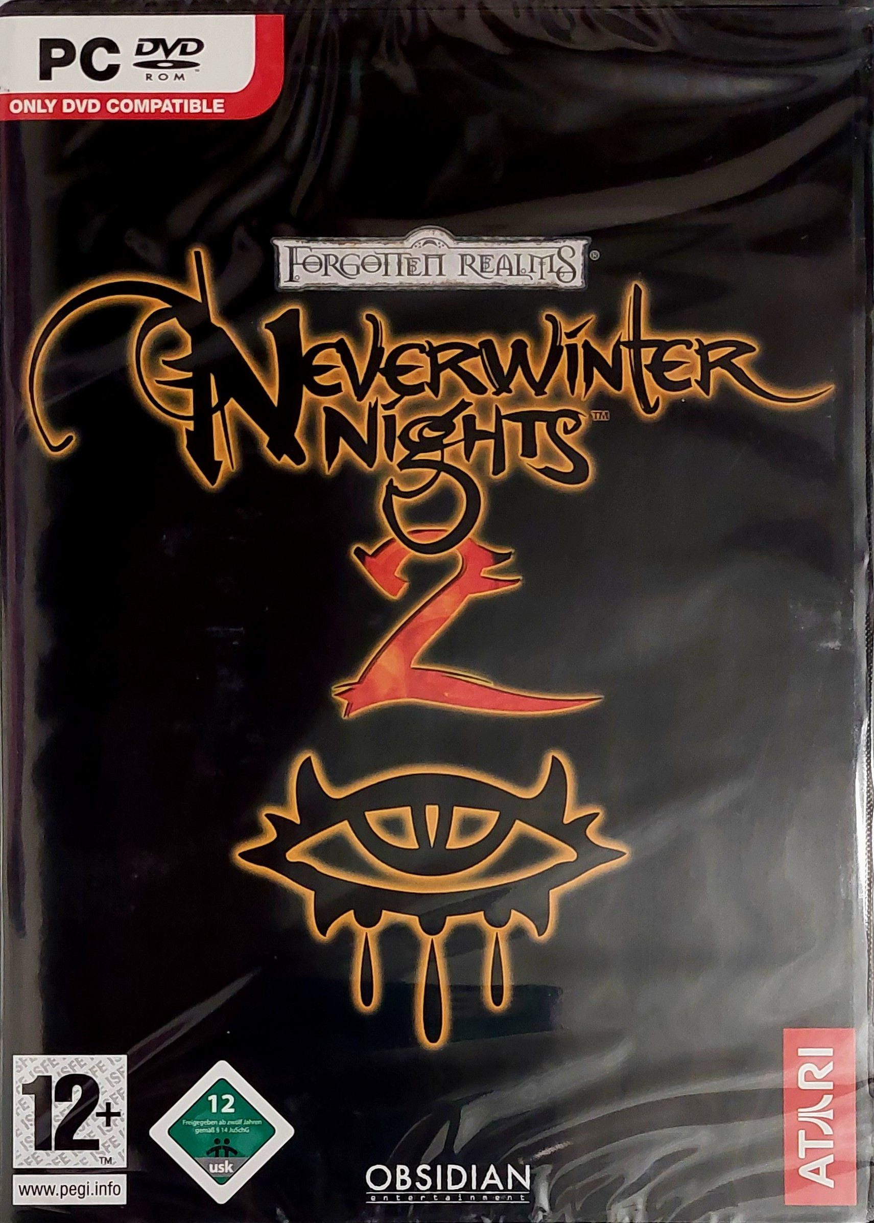 Neverwinter Nights 2 PC-Spielbox. Schwarzer Hintergrund, Spiellogo in Gold.