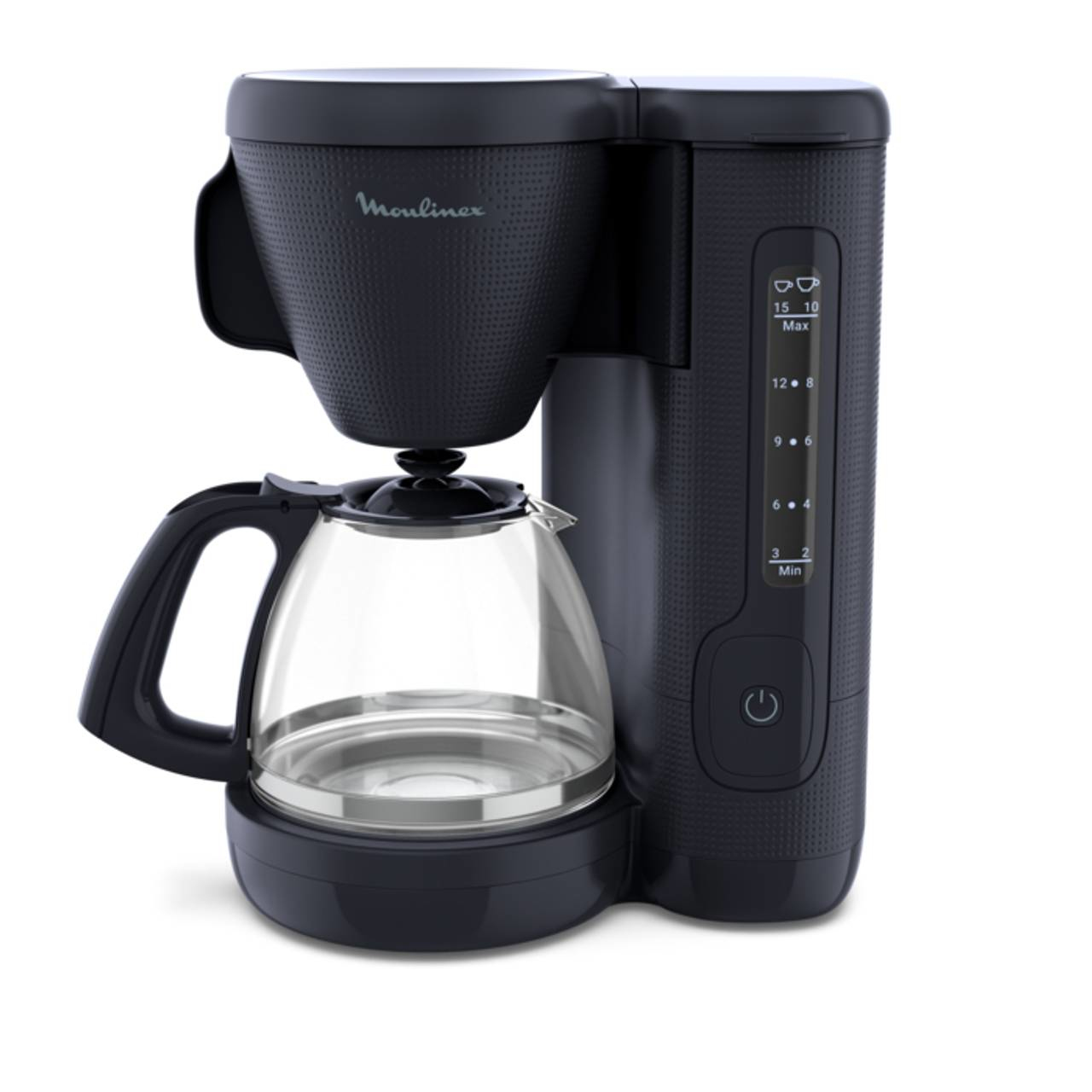 Black coffee maker with glass carafe. 'Moulinex' logo on front. White background.