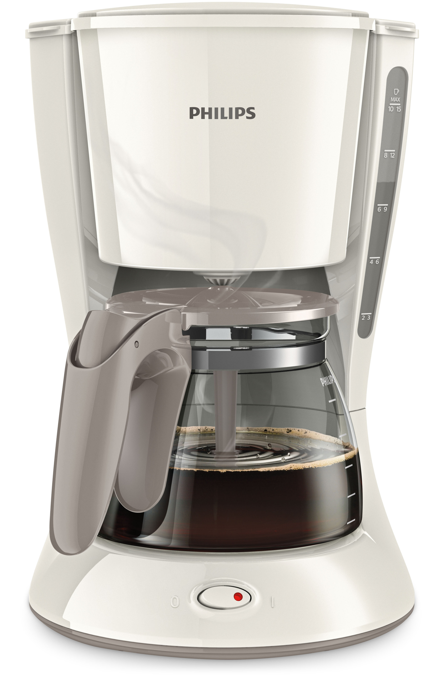 Biały ekspres do kawy Philips ze szklanym dzbankiem. Widoczna nazwa marki.