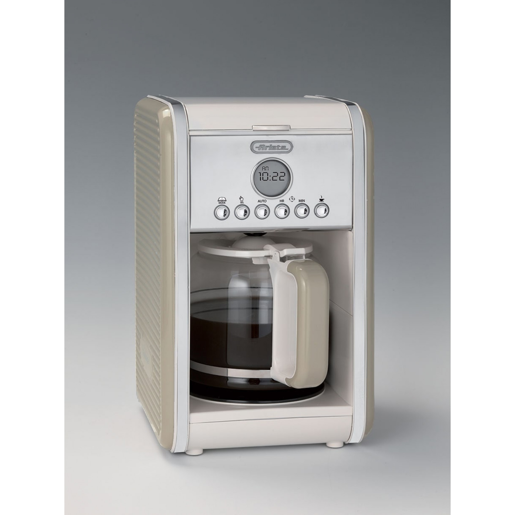 Coffee maker with glass carafe. White background.