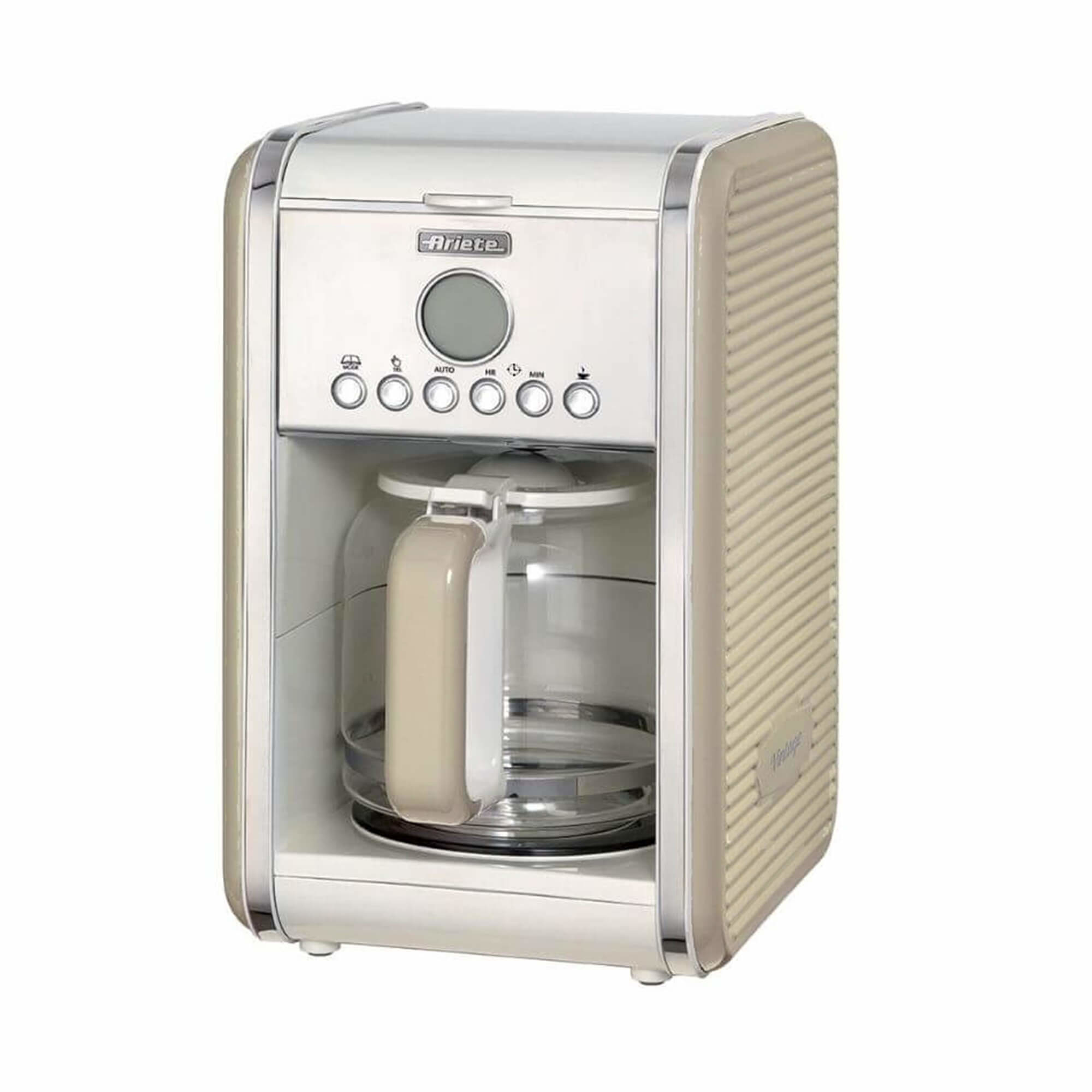 Cream and beige coffee maker with a glass carafe. It has buttons and a screen.