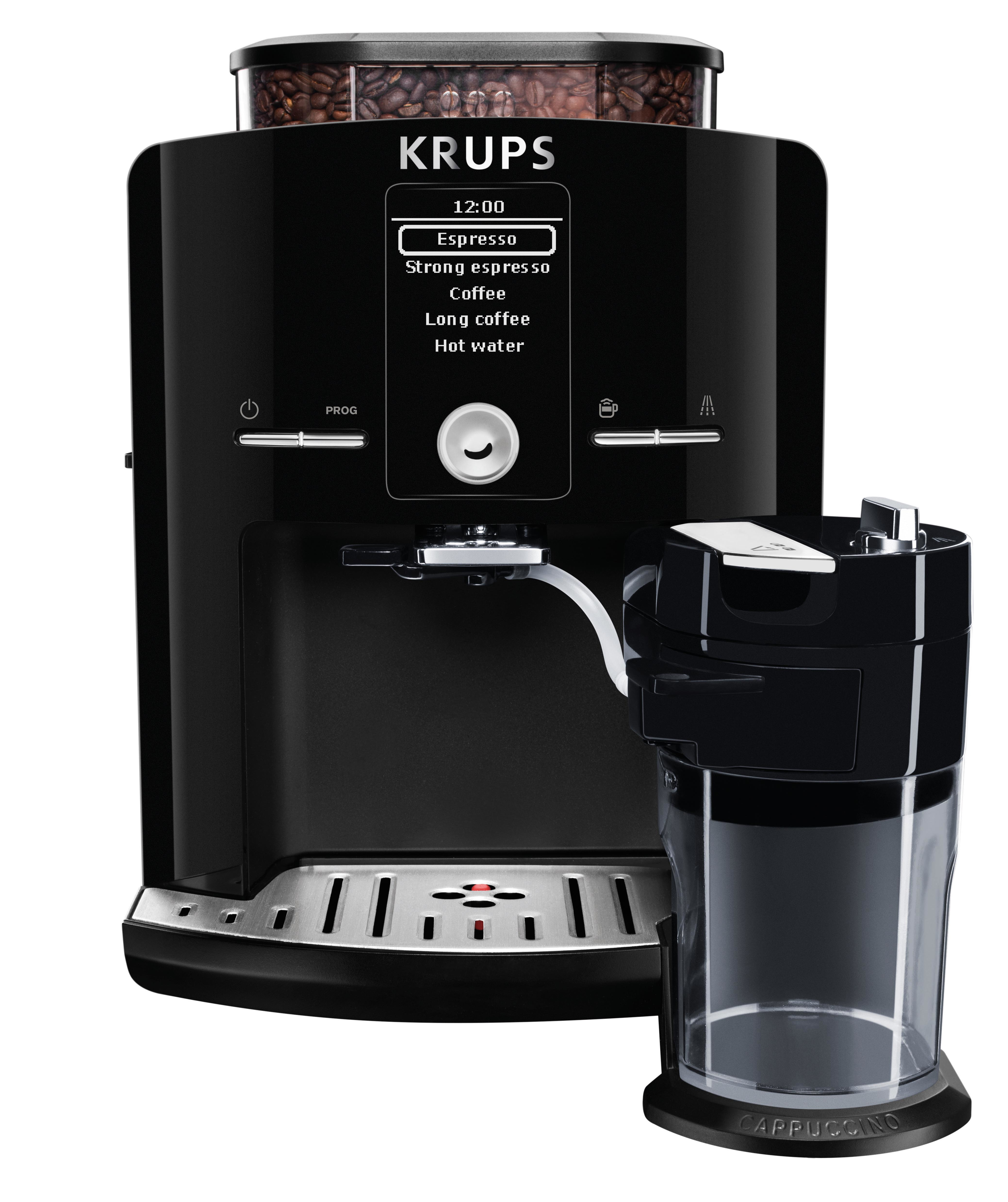 Schwarze Kaffeemaschine mit Bohnenbehälter und Digitalanzeige. Ein klarer Behälter ist daneben.