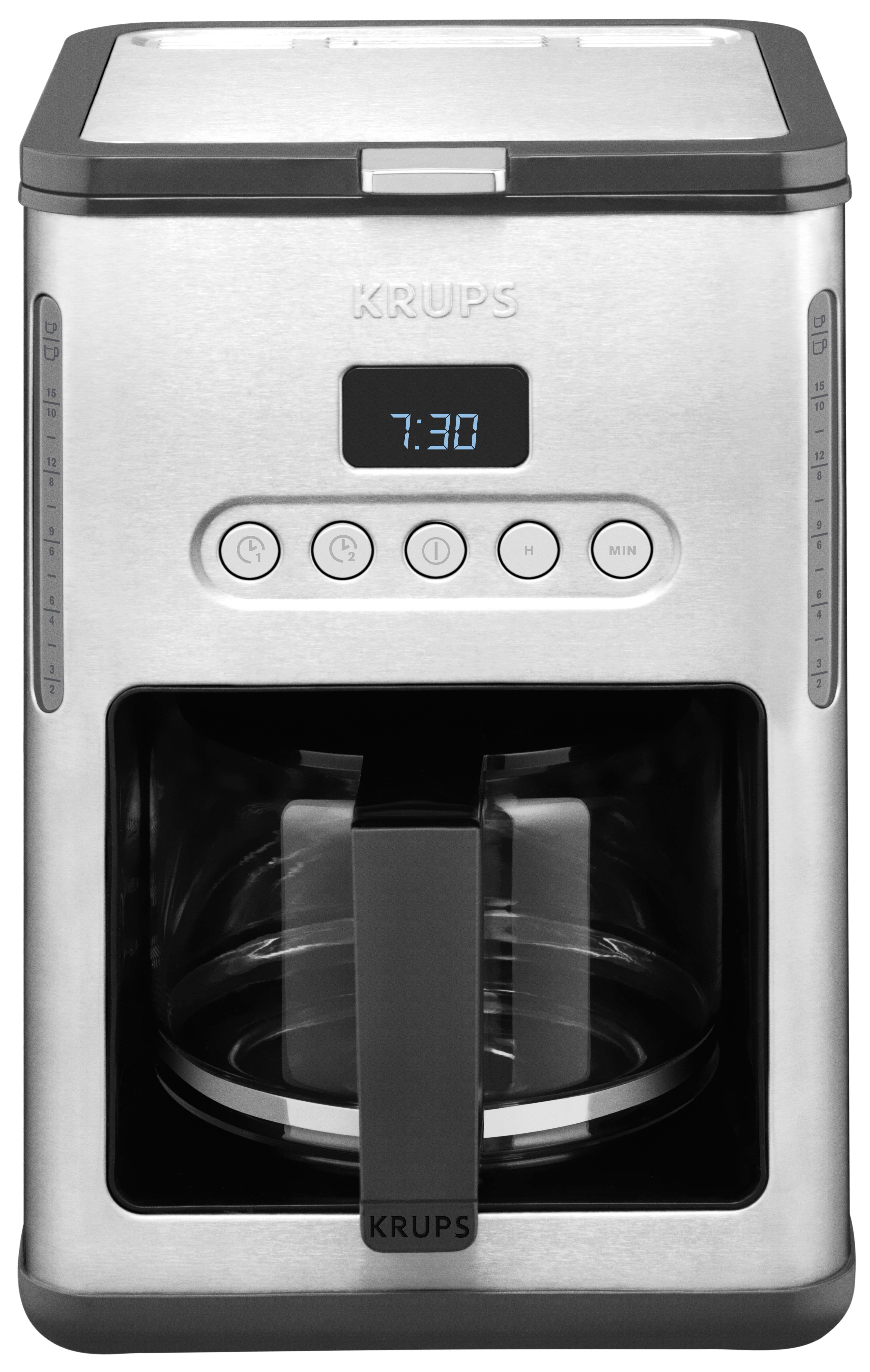 Silberne Krups Kaffeemaschine mit Digitalanzeige und Knöpfen, auf weißer Oberfläche.