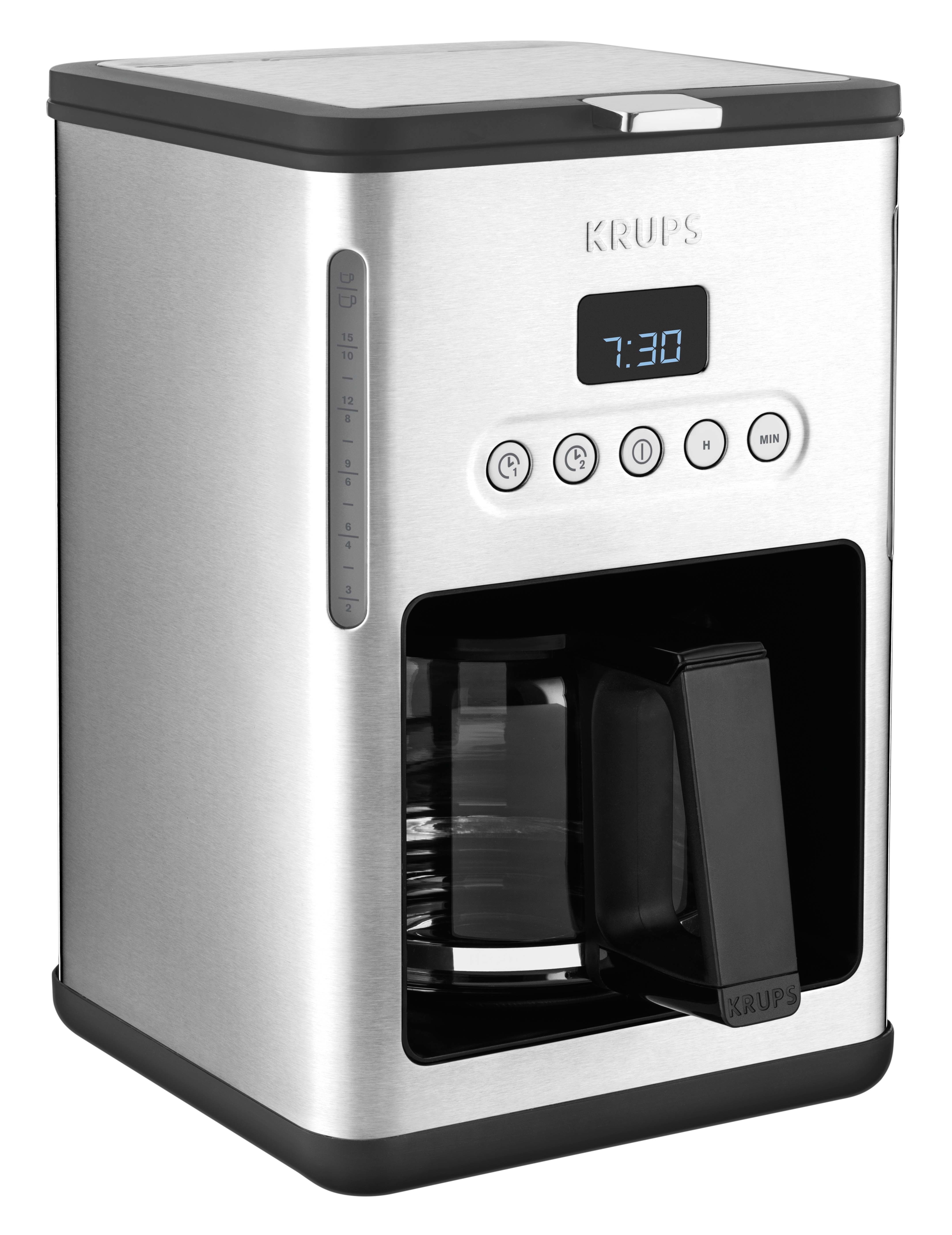 Silberfarbene Krups Kaffeemaschine mit schwarzen Akzenten. Die Uhrzeit wird als 7:30 angezeigt.