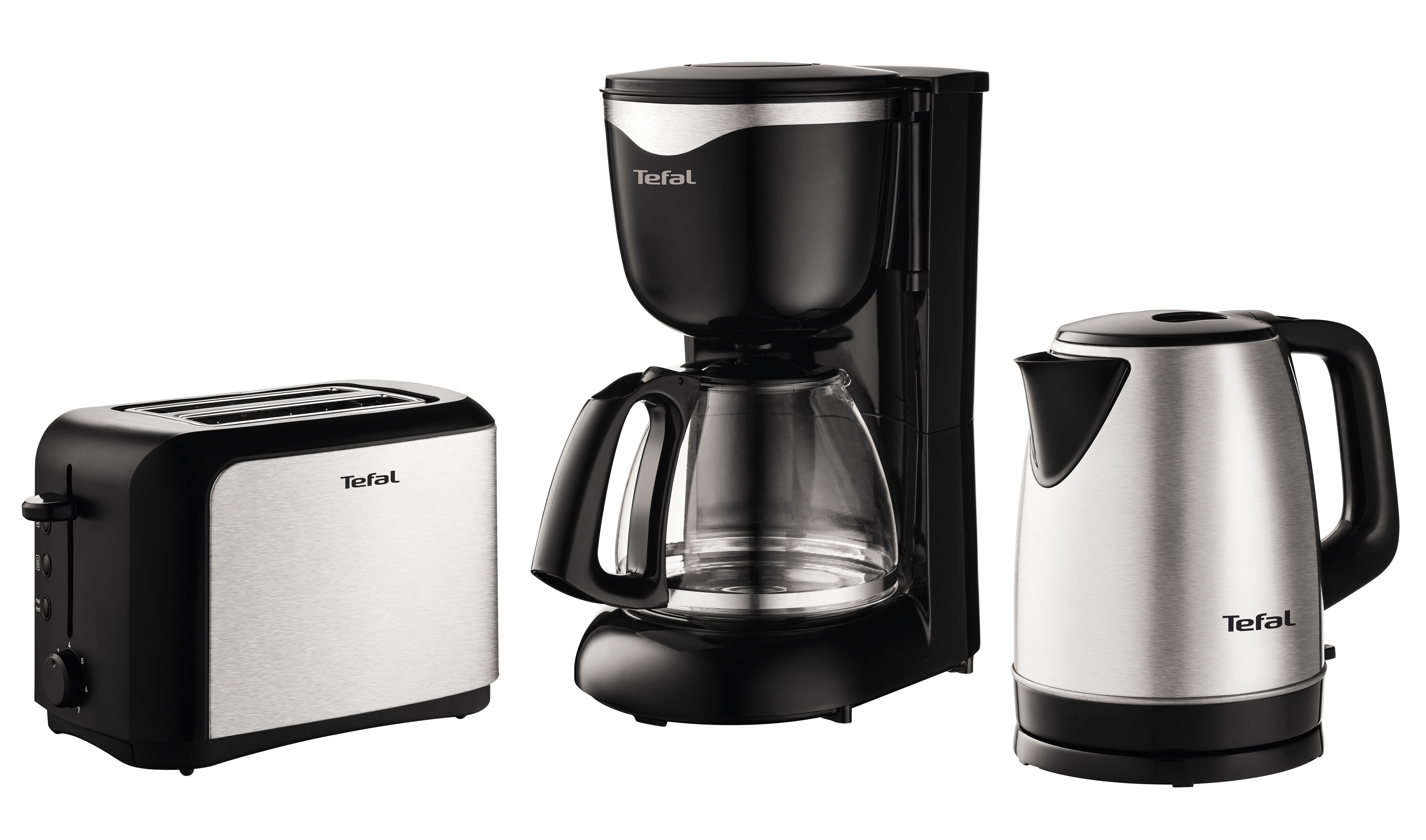Toster, ekspres do kawy i czajnik, wszystkie czarne i srebrne.