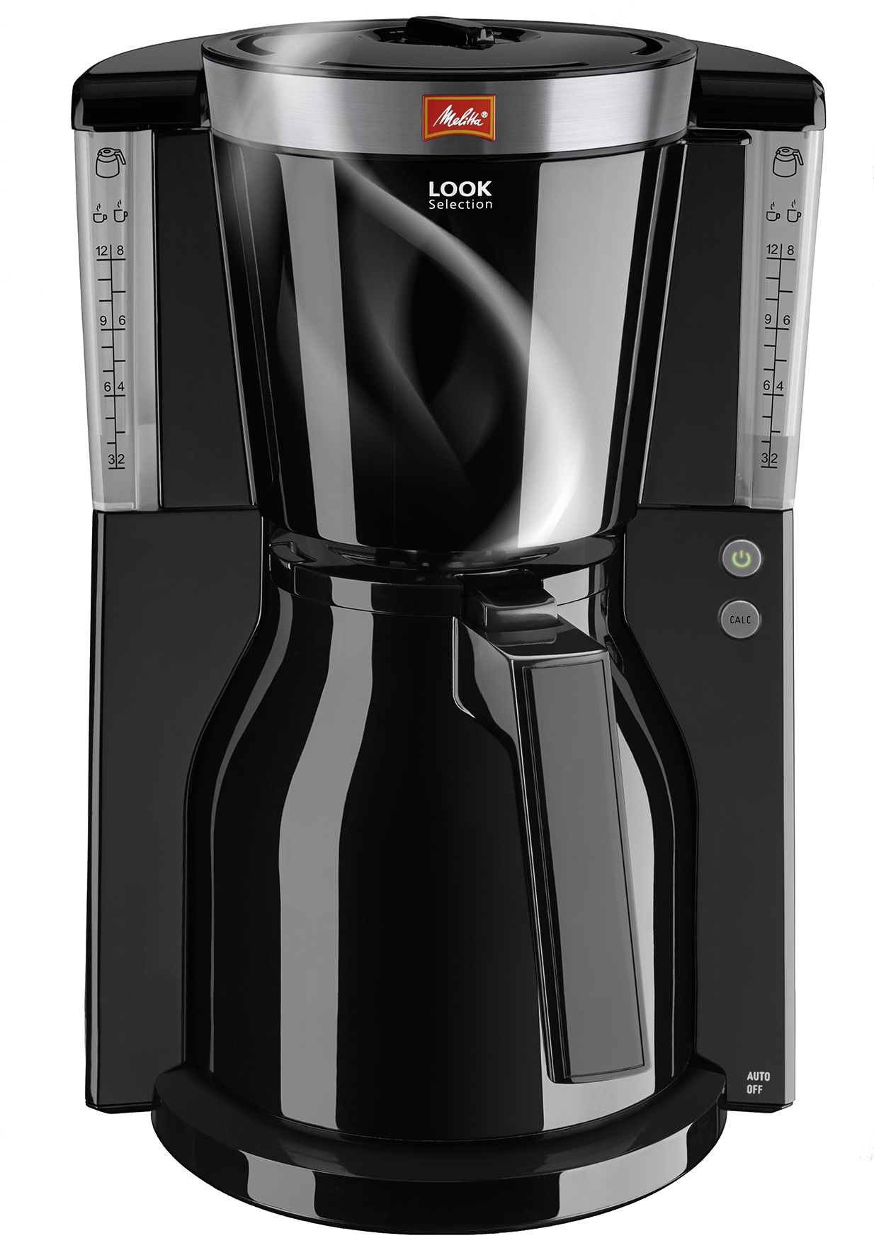 Cafetera negra. Tiene un indicador de nivel de agua y una función de apagado automático.