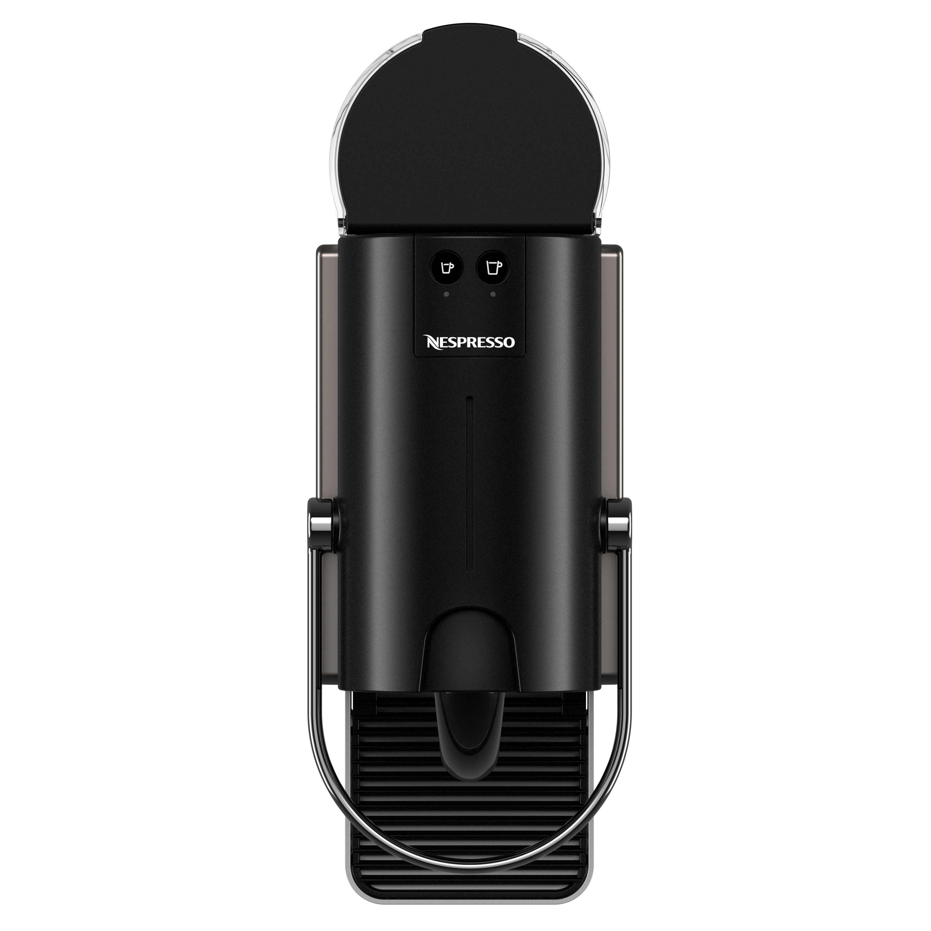 Czarny ekspres do kawy Nespresso, widok z góry. Elegancki design, ze zbiornikiem na wodę.