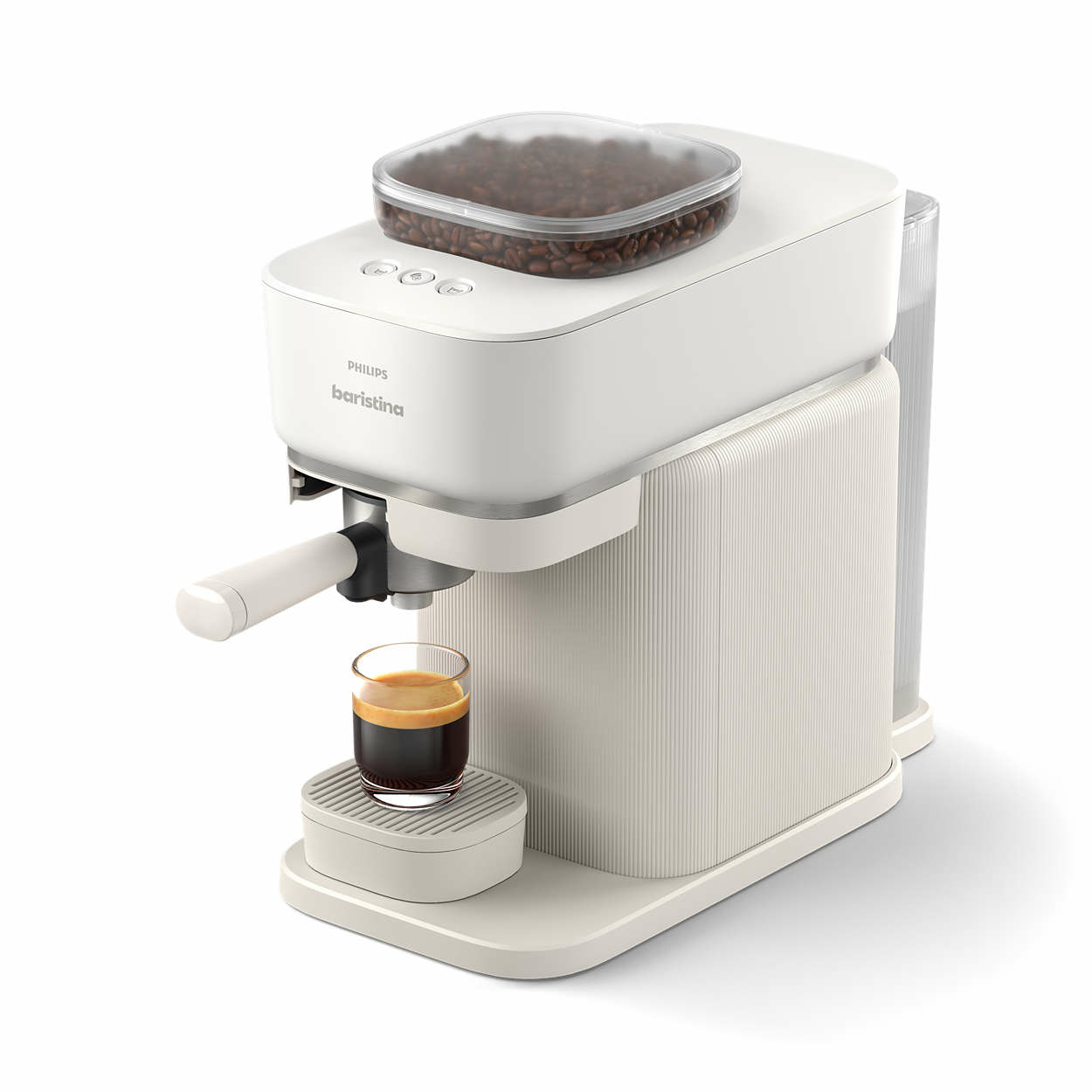 Cafetera Philips barista blanca con granos de café y un vaso de espresso.