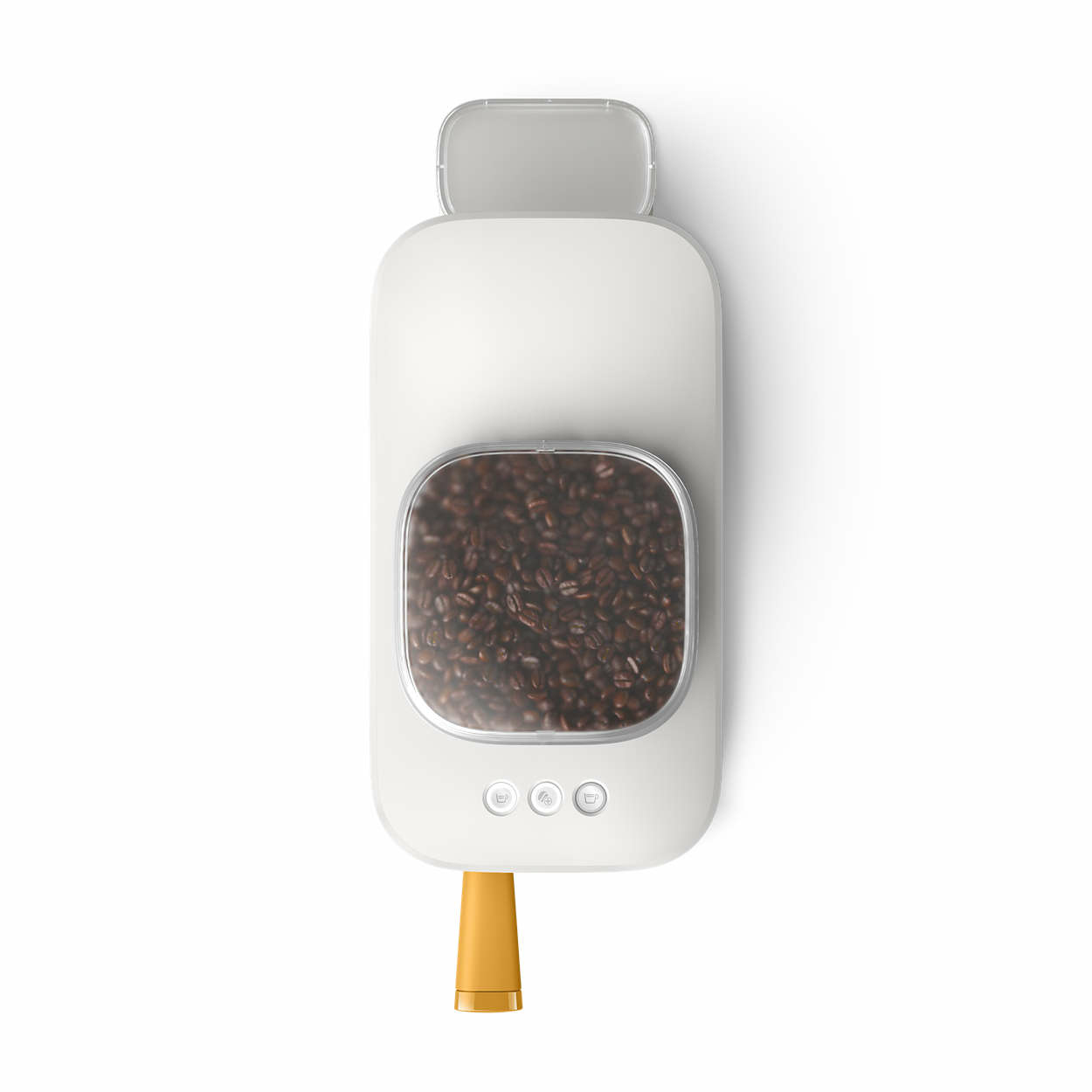 Contenedor de granos de café con granos dentro. Cuerpo blanco, boquilla dorada, fondo blanco.