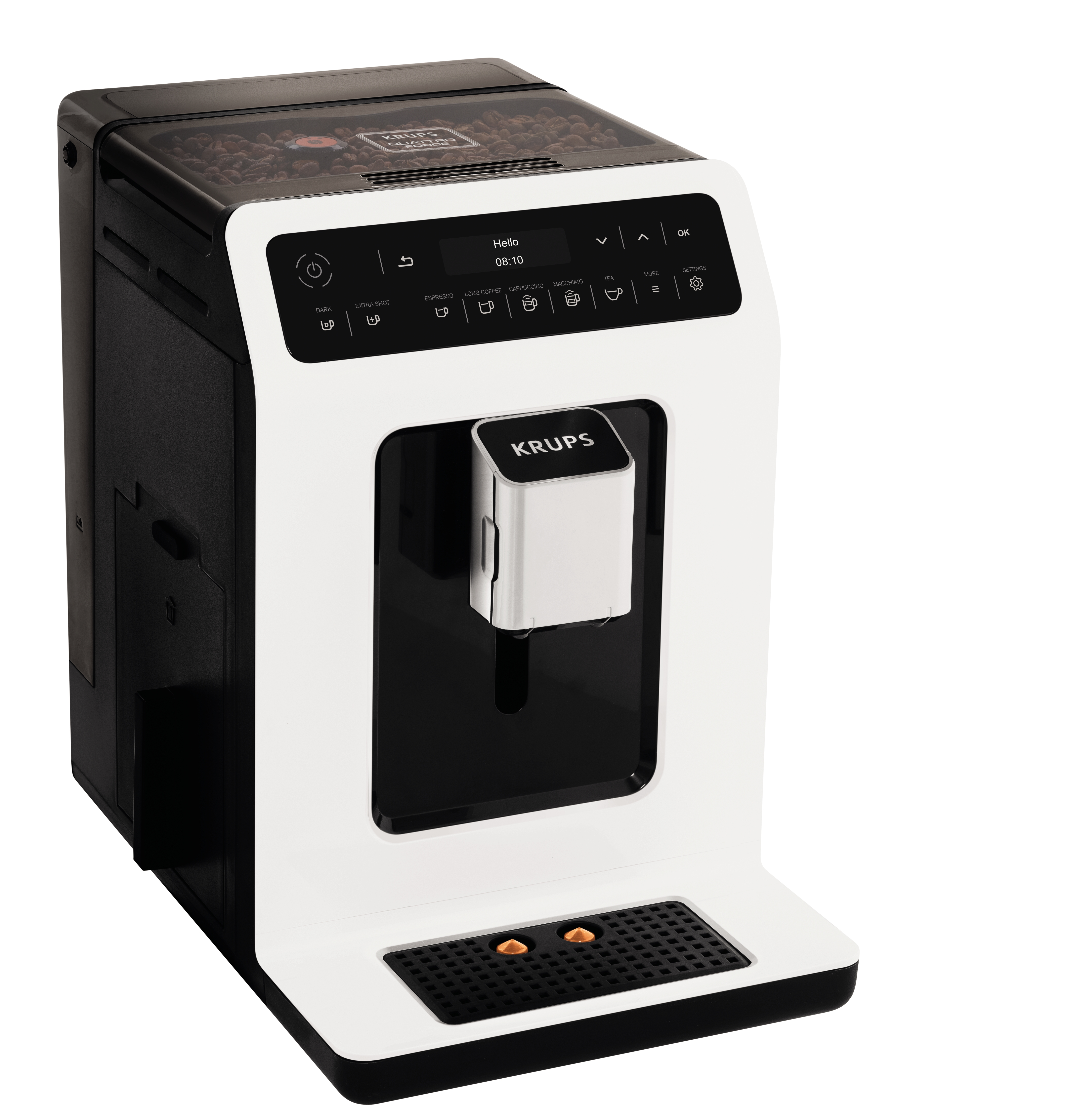 Una macchina per caffè Krups bianca e nera, con schermo nero e chicchi di caffè sopra.