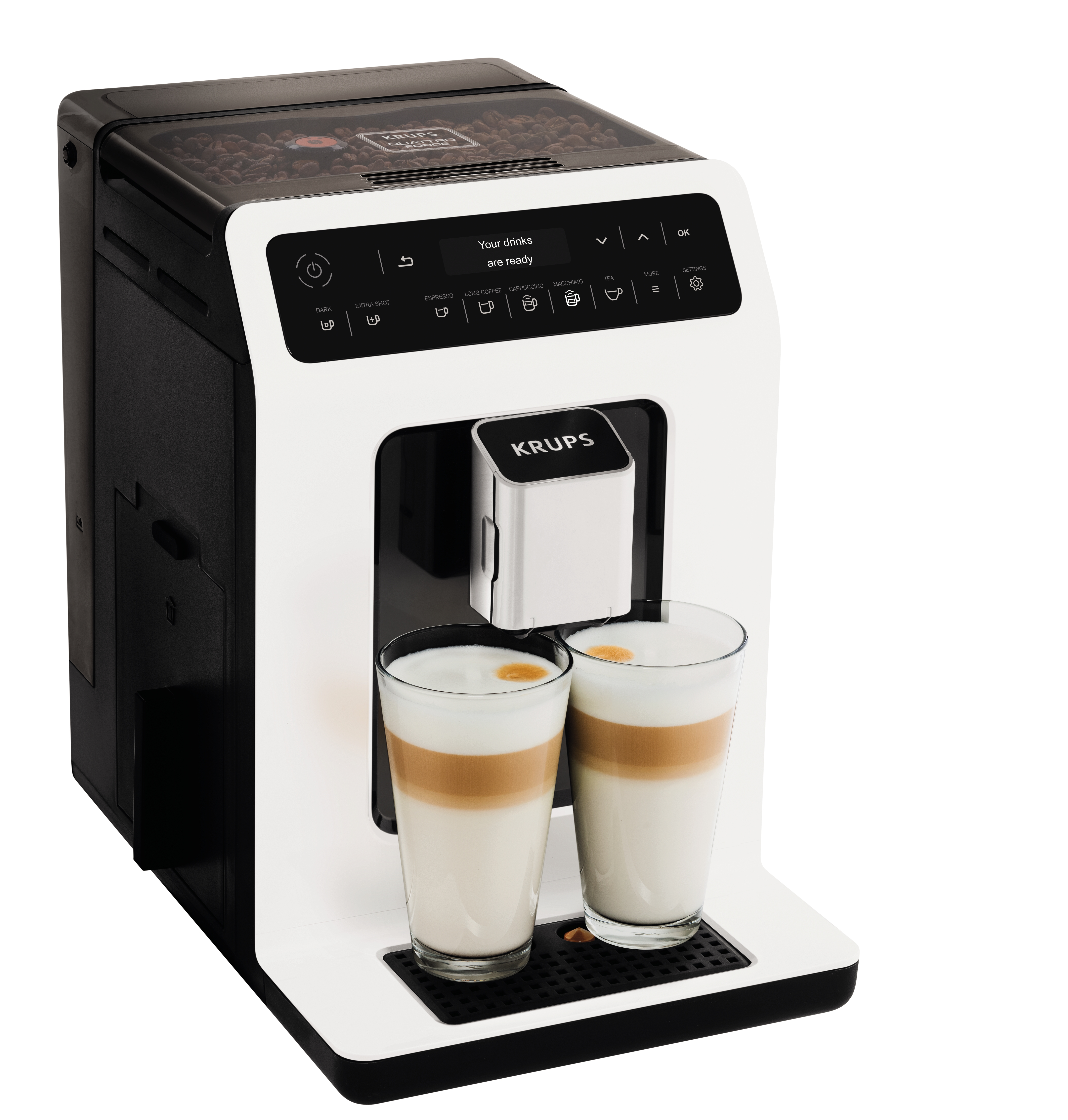 Una macchina da caffè Krups bianca e nera con due bicchieri di latte. La macchina è su una superficie bianca.