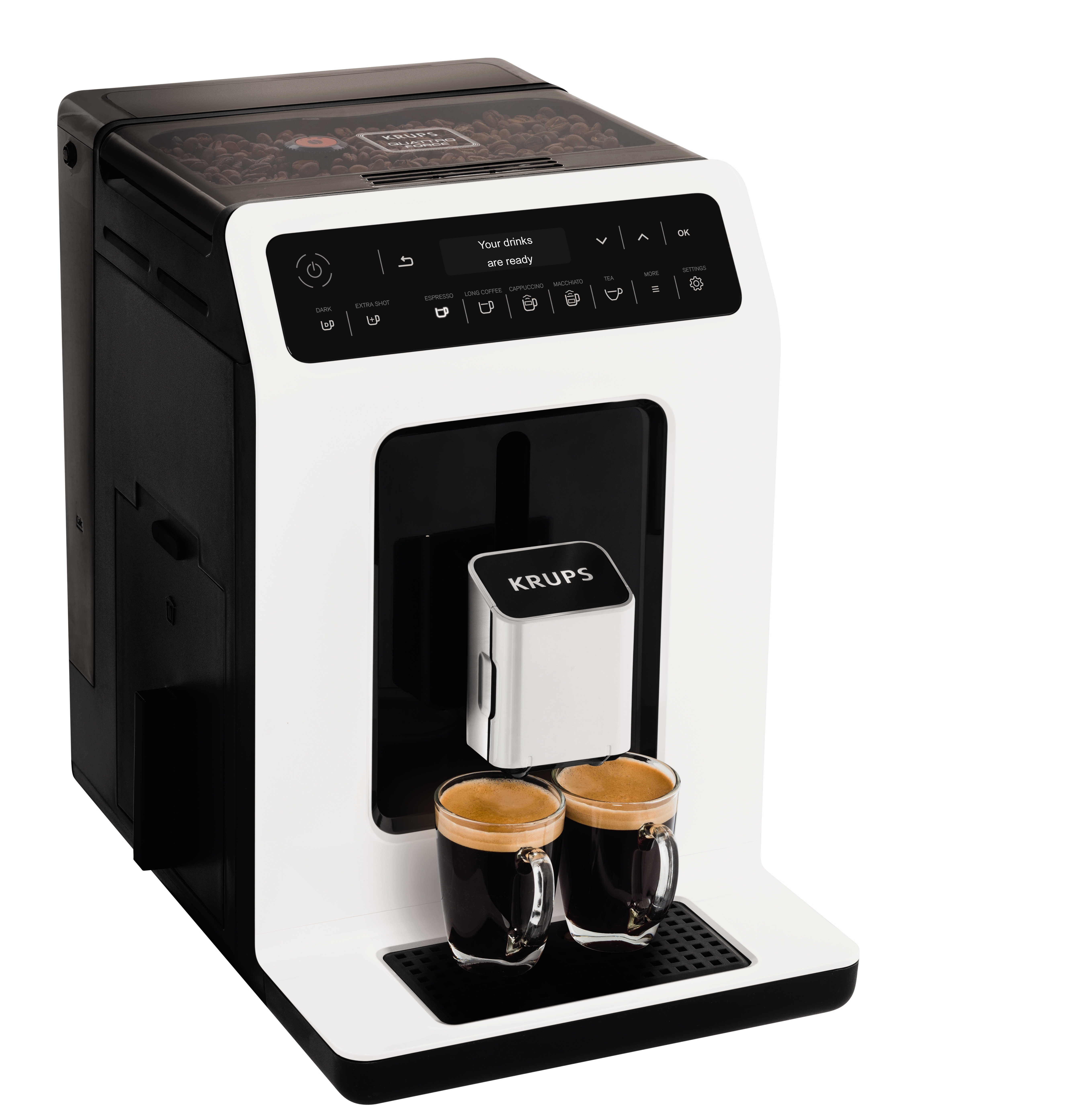 Macchina da caffè KRUPS in bianco e nero. Ha due tazze di caffè. Il display dice 'Le tue bevande sono pronte'.