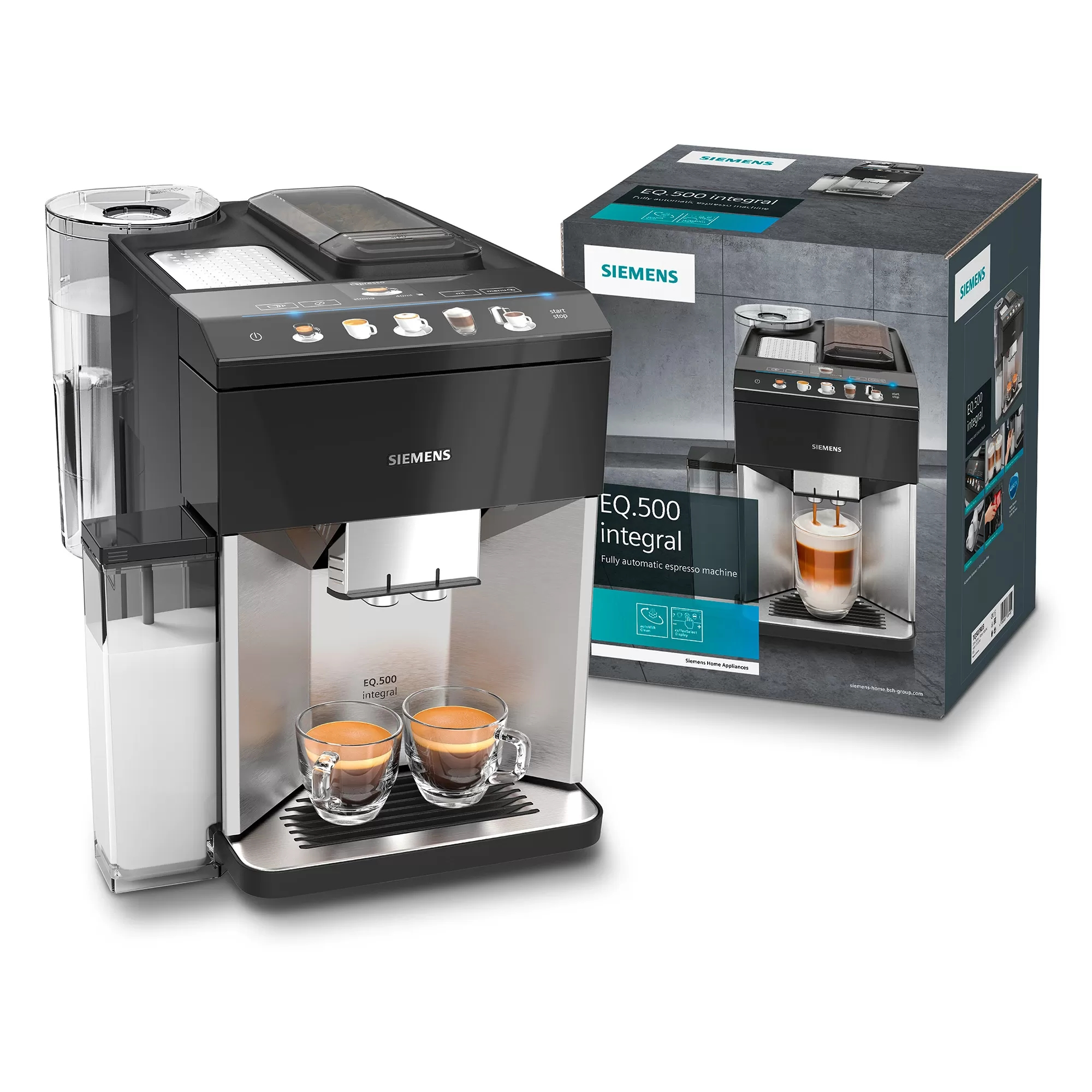 Kaffeemaschine mit Kaffeetassen. Die Box zeigt ein Bild der Maschine.