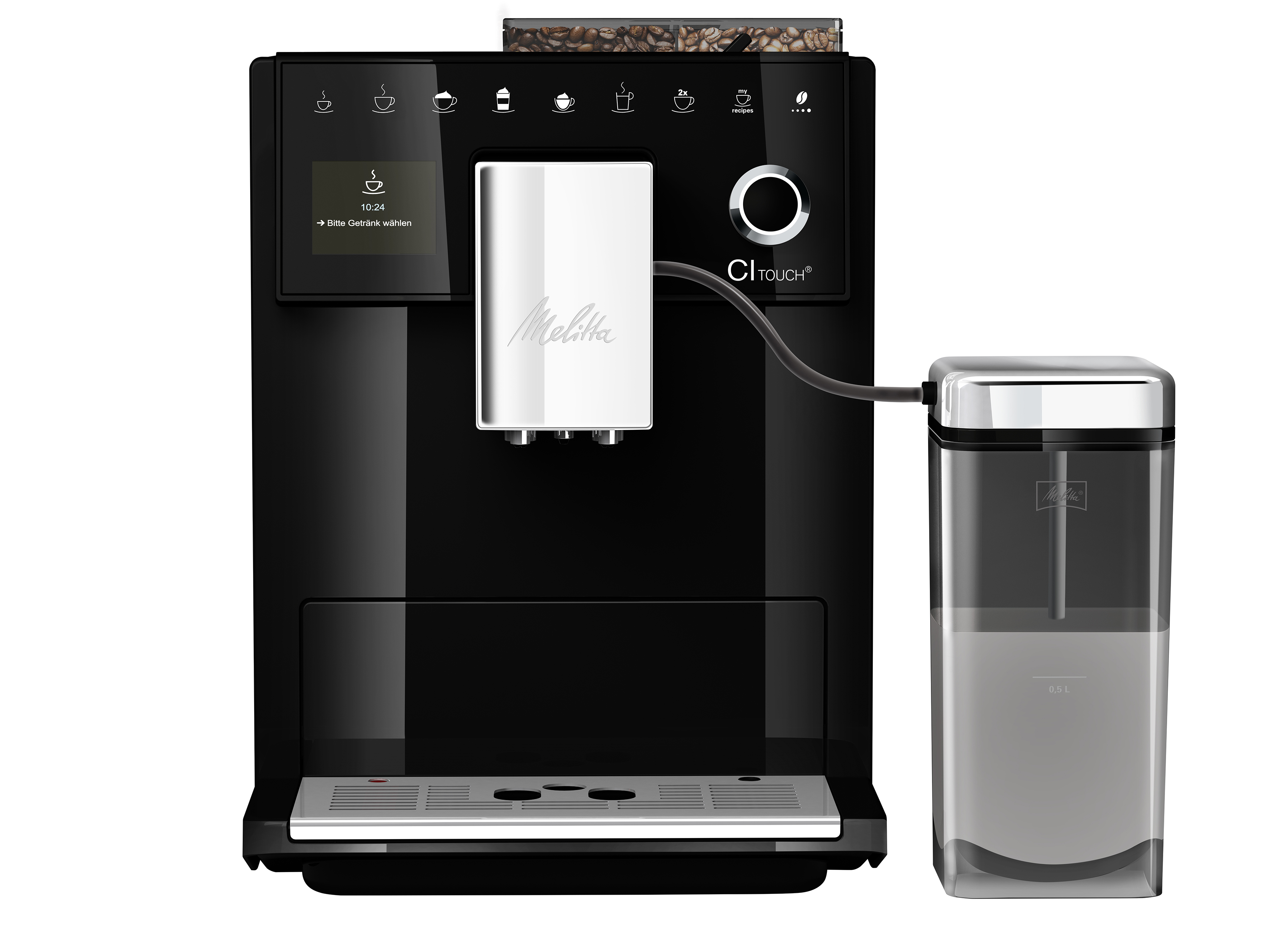 Czarny ekspres do kawy Melitta CI touch z pojemnikiem na wodę i pojemnikiem na ziarna.