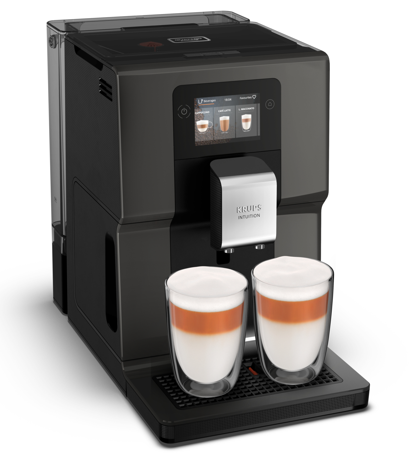 Czarny ekspres do kawy z wyświetlaczem cyfrowym. Dwa latte macchiato w szklankach z przodu.