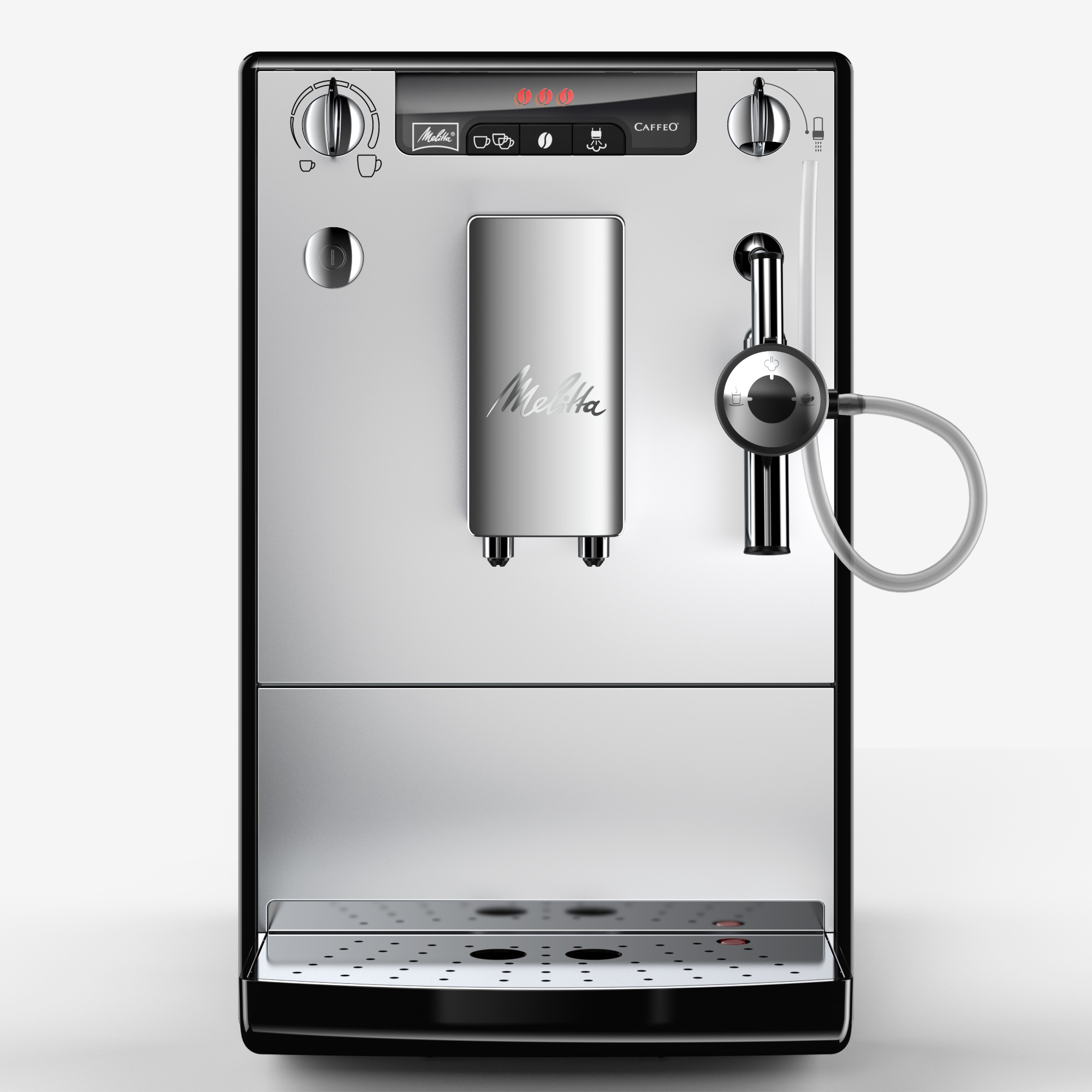 Silberne und schwarze Kaffeemaschine. Sie hat einen Wasserspender und ein Display.