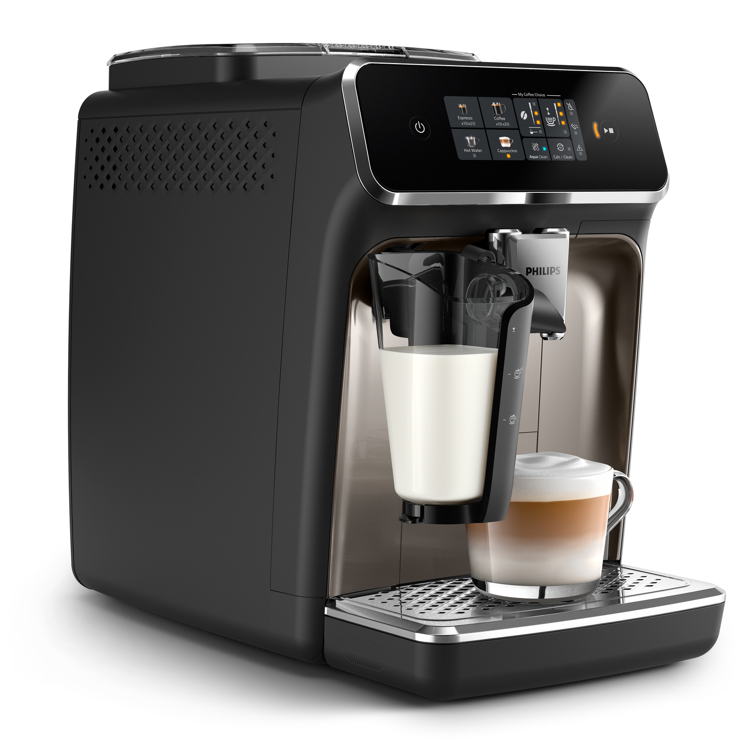 Macchina per espresso nera e argento con montalatte e una tazza di caffè.