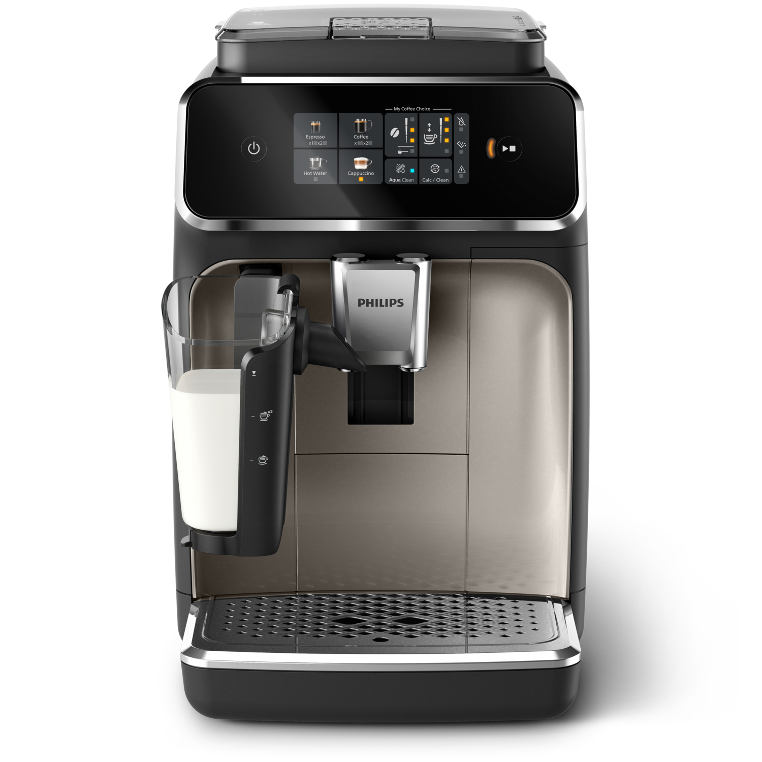 Macchina da caffè nera e argento con contenitore del latte e bicchiere.