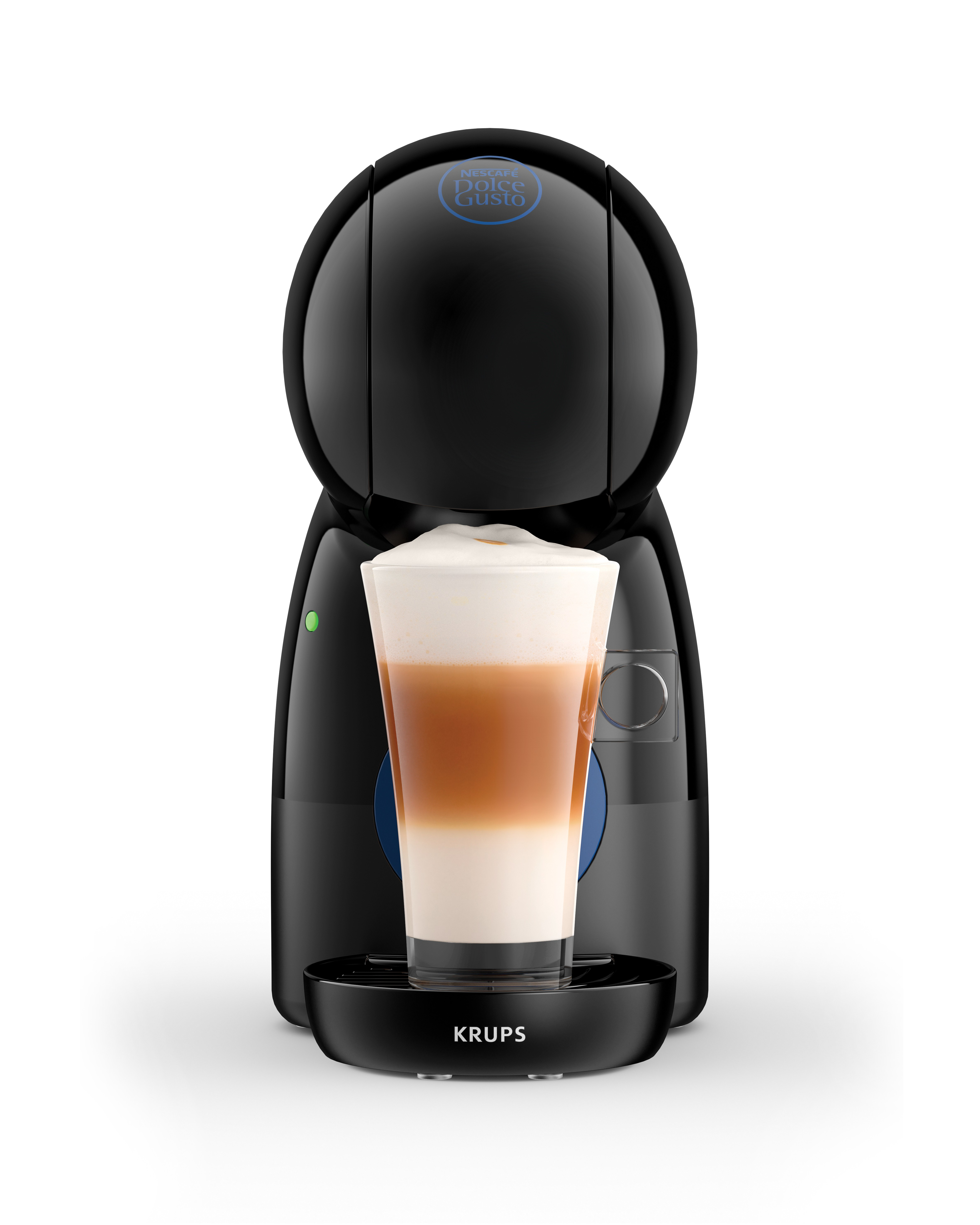 Macchina da caffè nera con bicchiere di caffè stratificato, sfondo bianco.