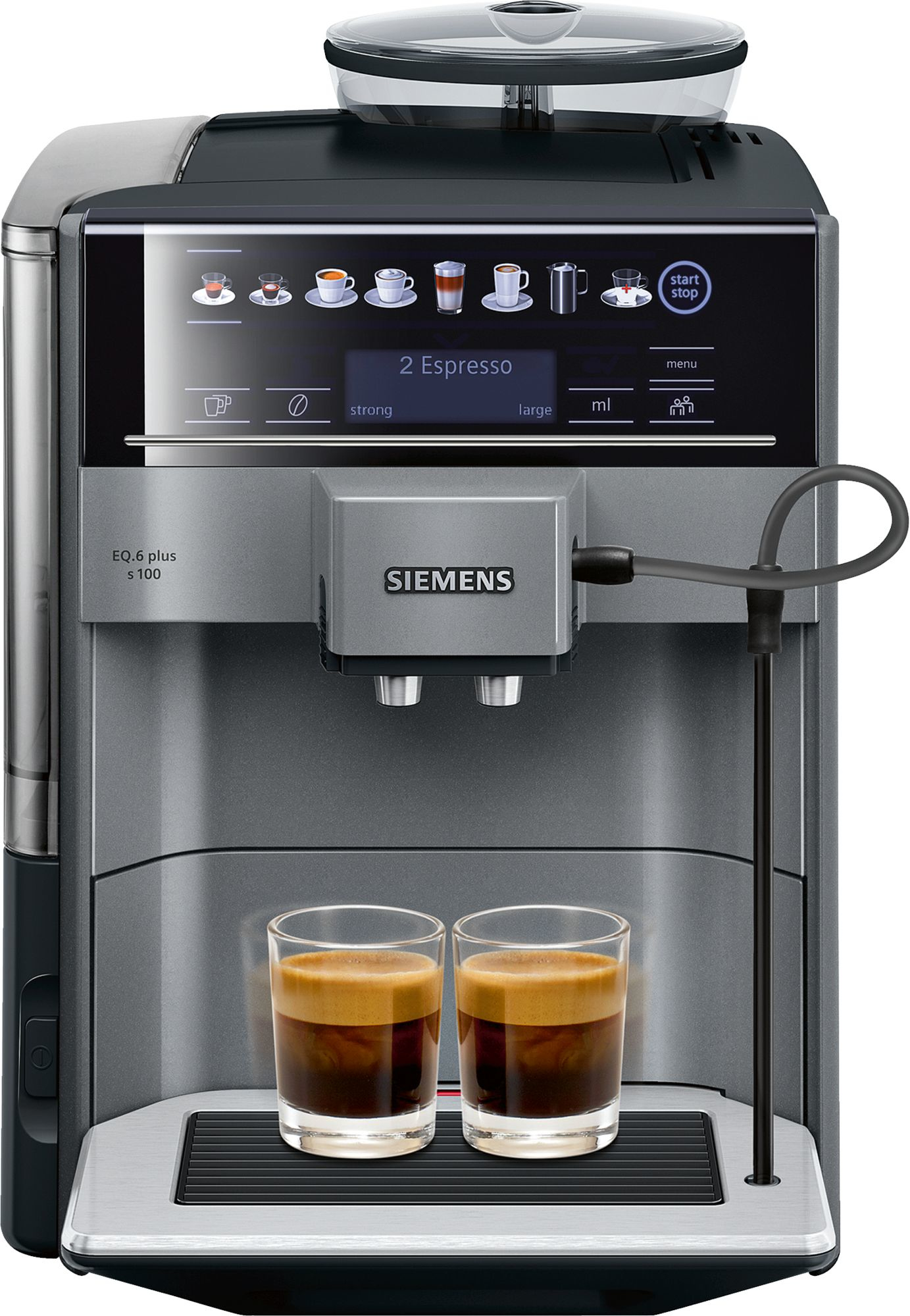 Macchina da caffè argento e nera con due bicchieri di caffè.