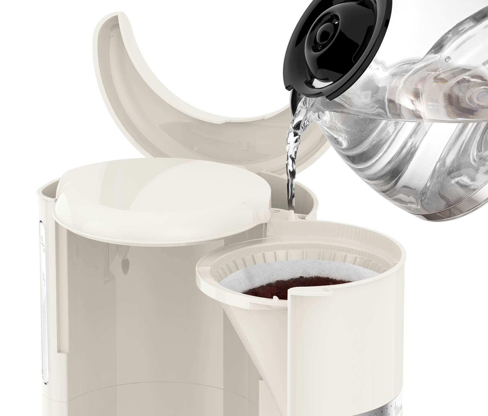 Ekspres do kawy z wodą wlewaną do filtra z fusami. Białe tło.