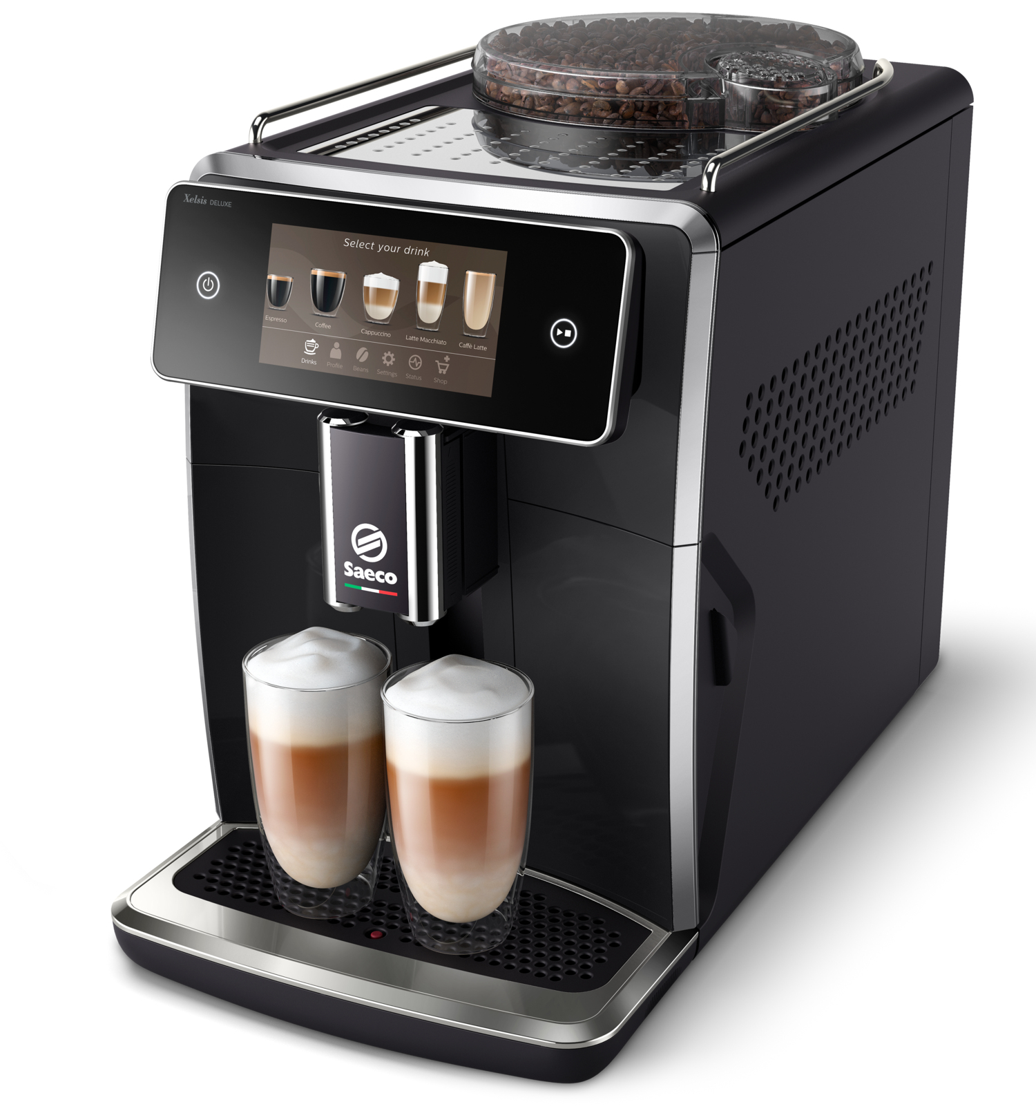 Eine schwarze Saeco Espressomaschine mit Touchscreen und zwei Latte Macchiato.