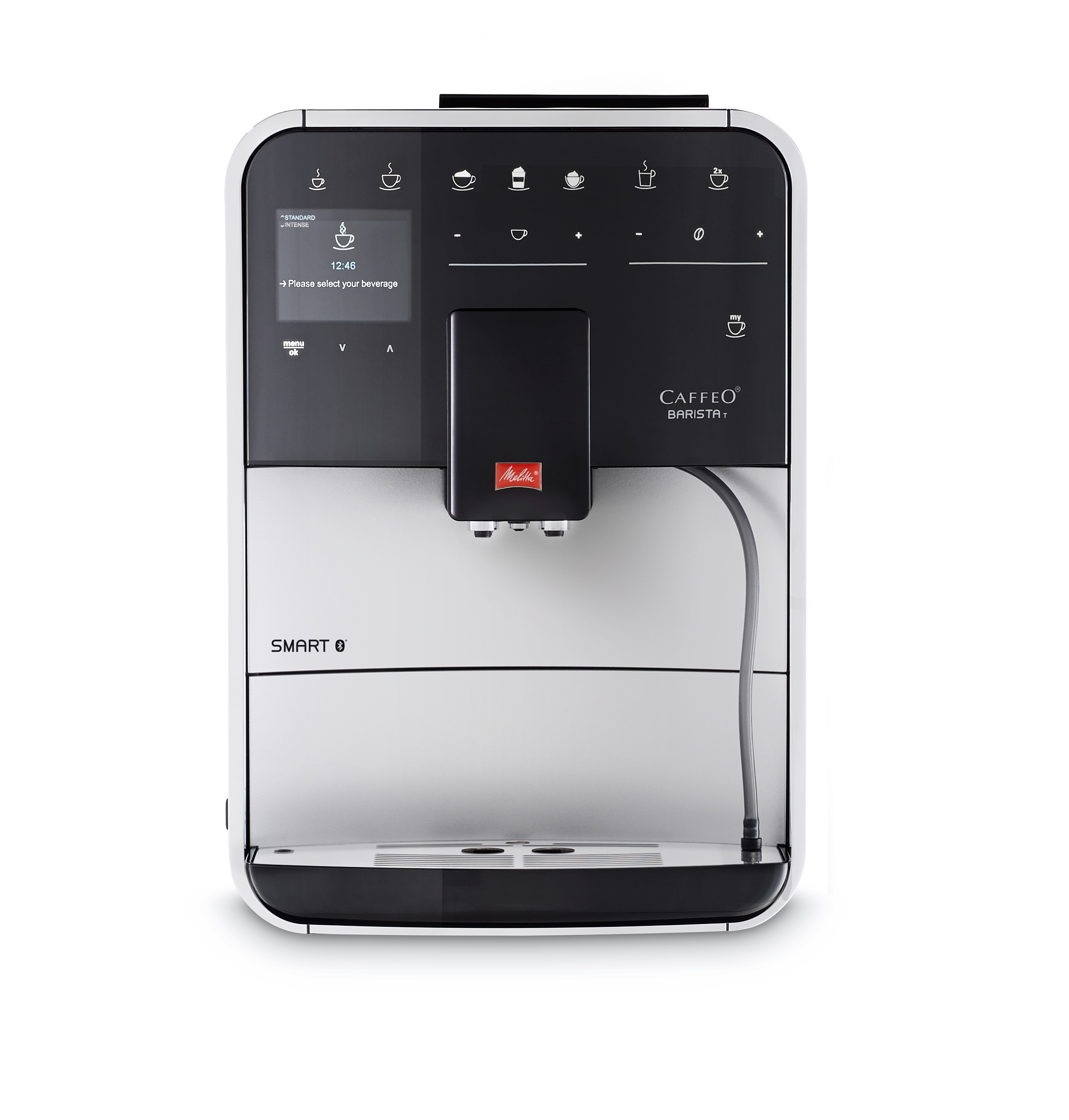 Biało-czarny ekspres do kawy z cyfrowym wyświetlaczem. Pokazuje ikonę filiżanki i tekst 'Wybierz swój napój'.