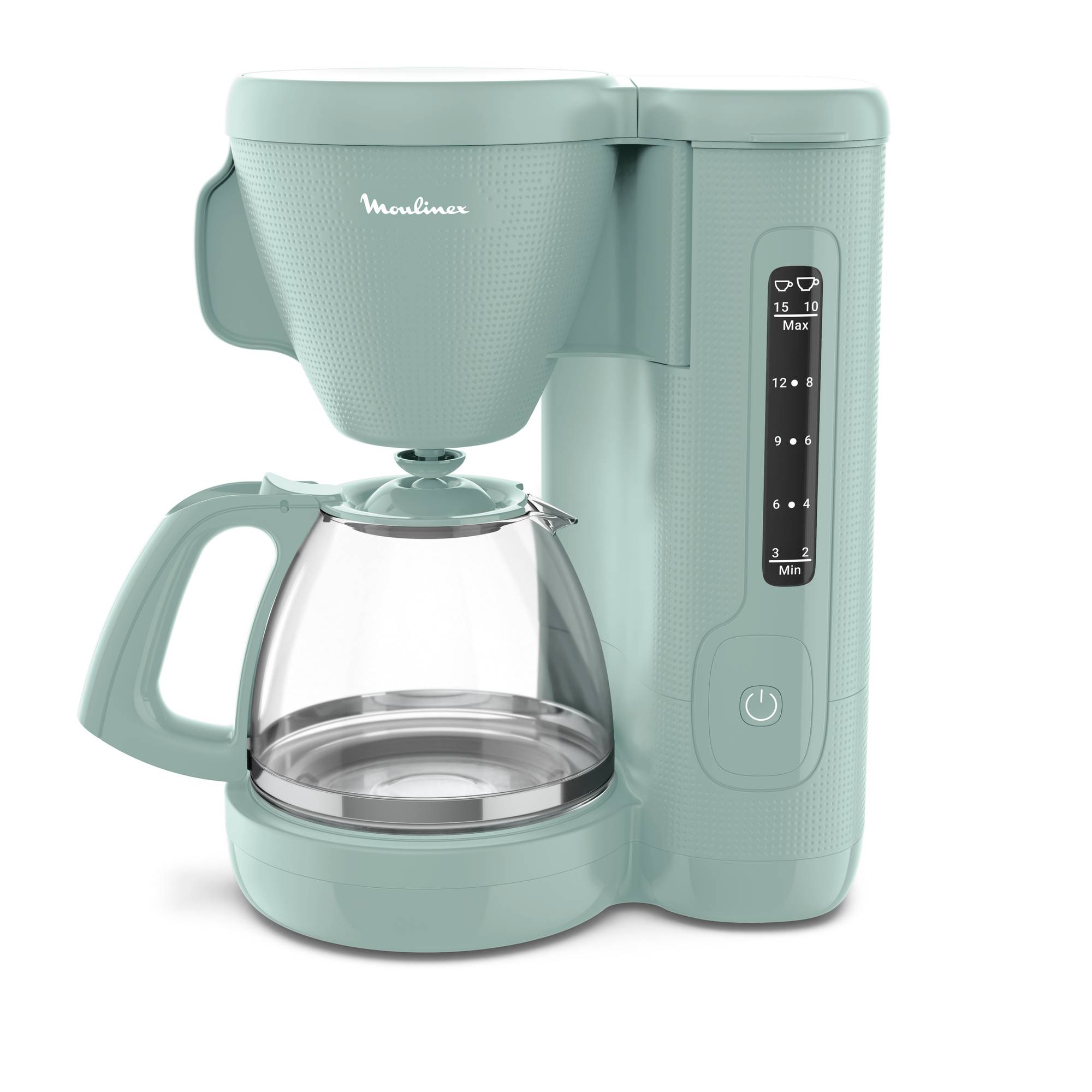 Una cafetera turquesa con jarra de vidrio, indicador de nivel de agua y pantalla digital.