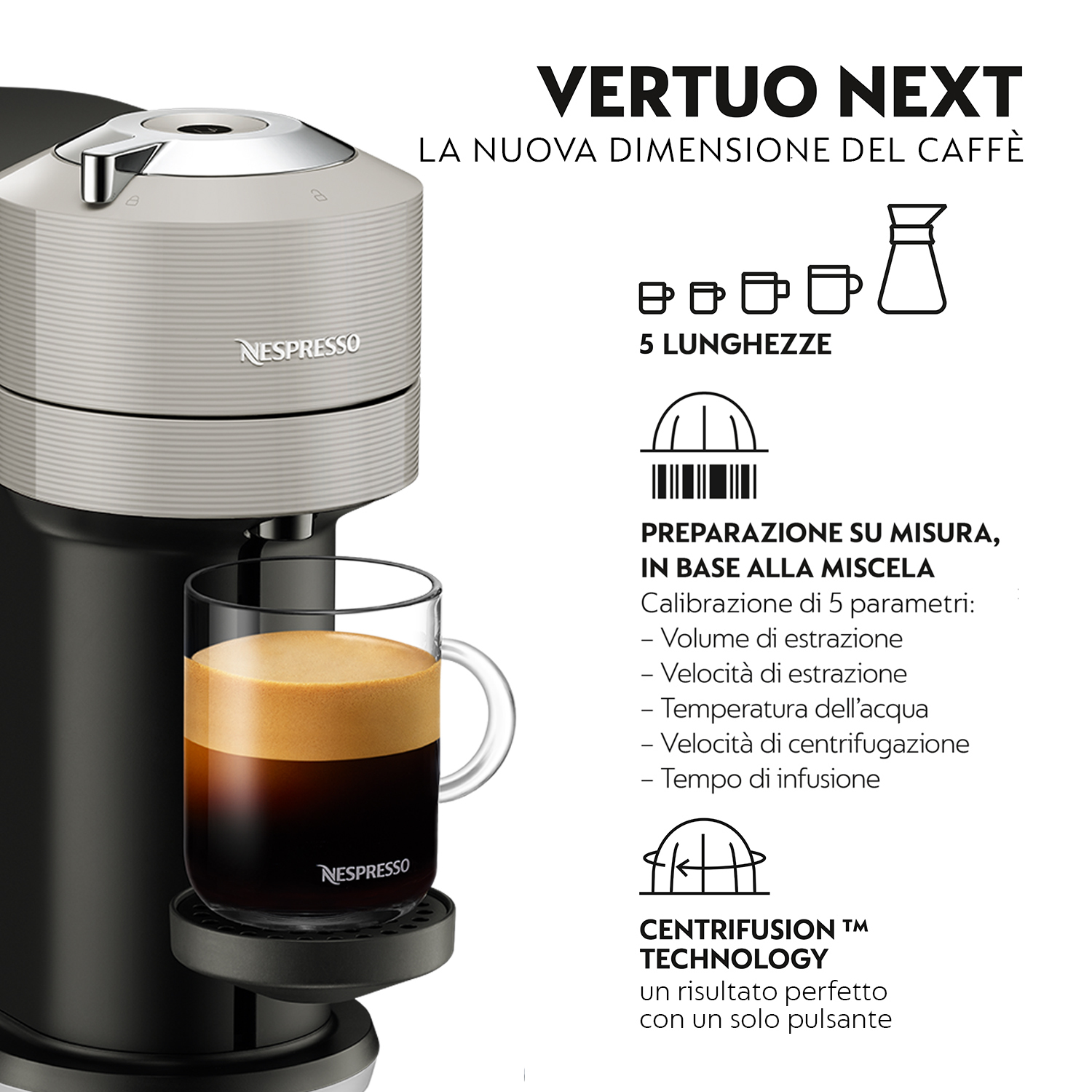 Nespresso Vertuo Next Kaffeemaschine mit Tasse, Glas und Text.