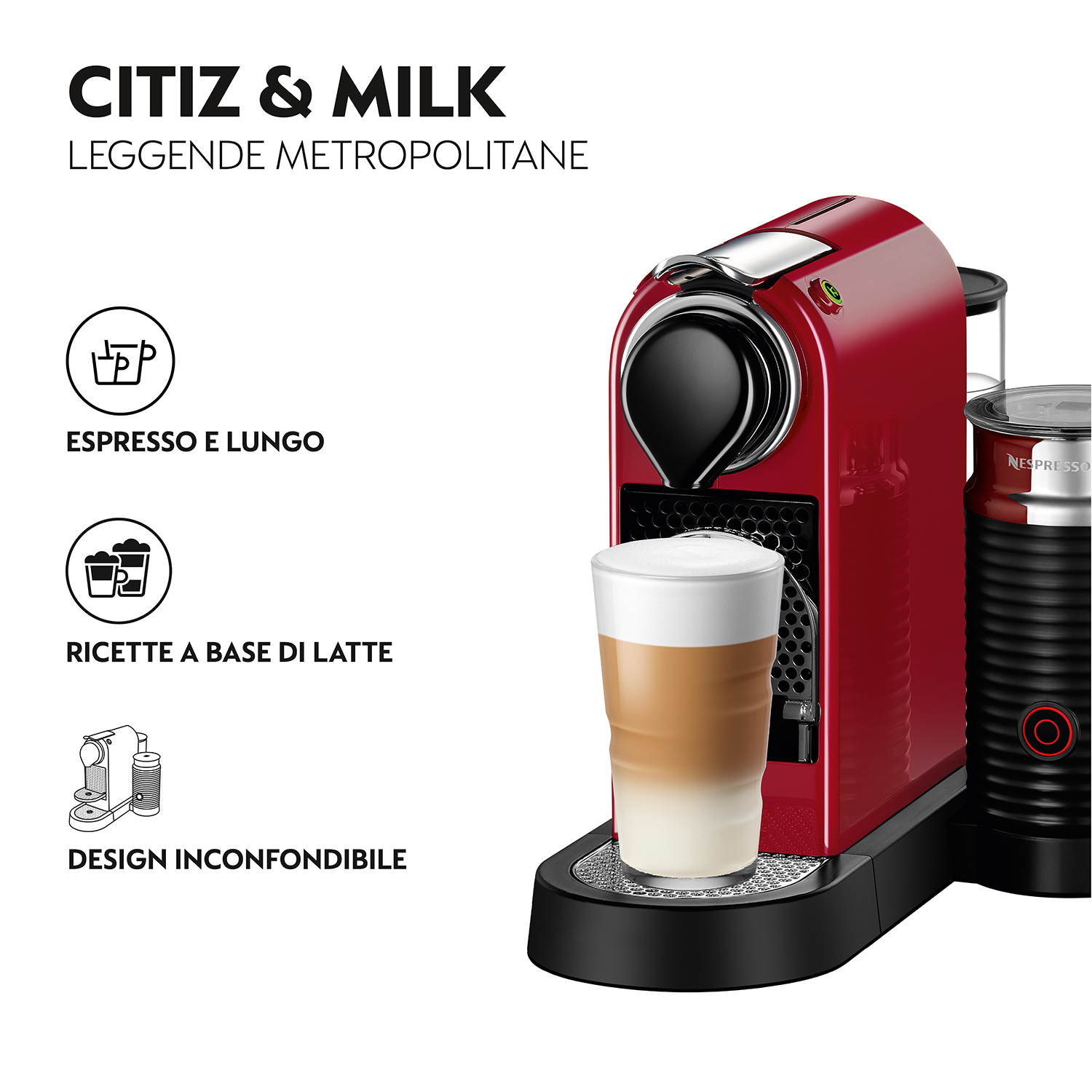 Czerwony ekspres Nespresso z latte. Tekst zawiera "Citiz & Milk" i "Espresso e Lungo".