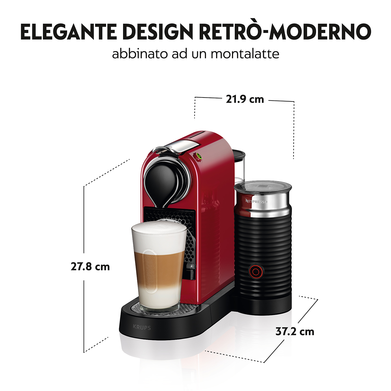 Czerwony ekspres do kawy z spieniaczem do mleka, wymiary.