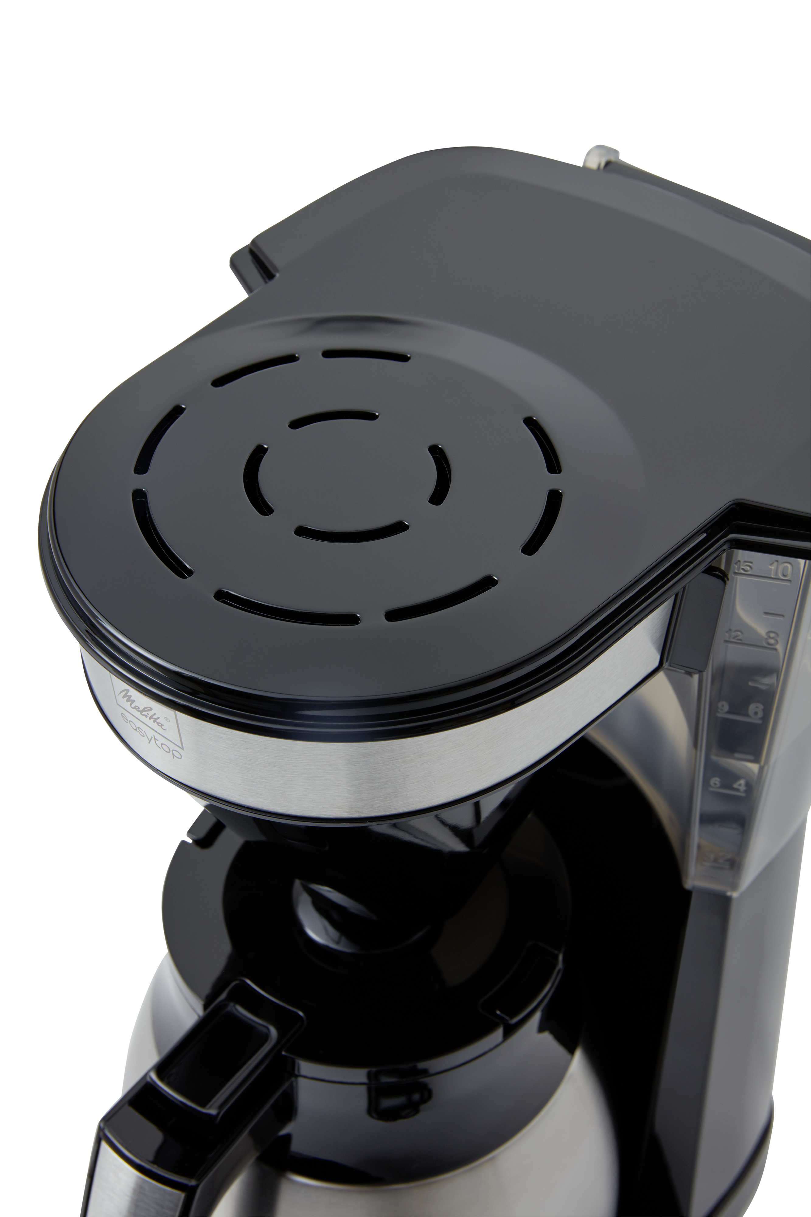 Czarny ekspres do kawy, widok z góry. Srebrny akcent. Białe tło.