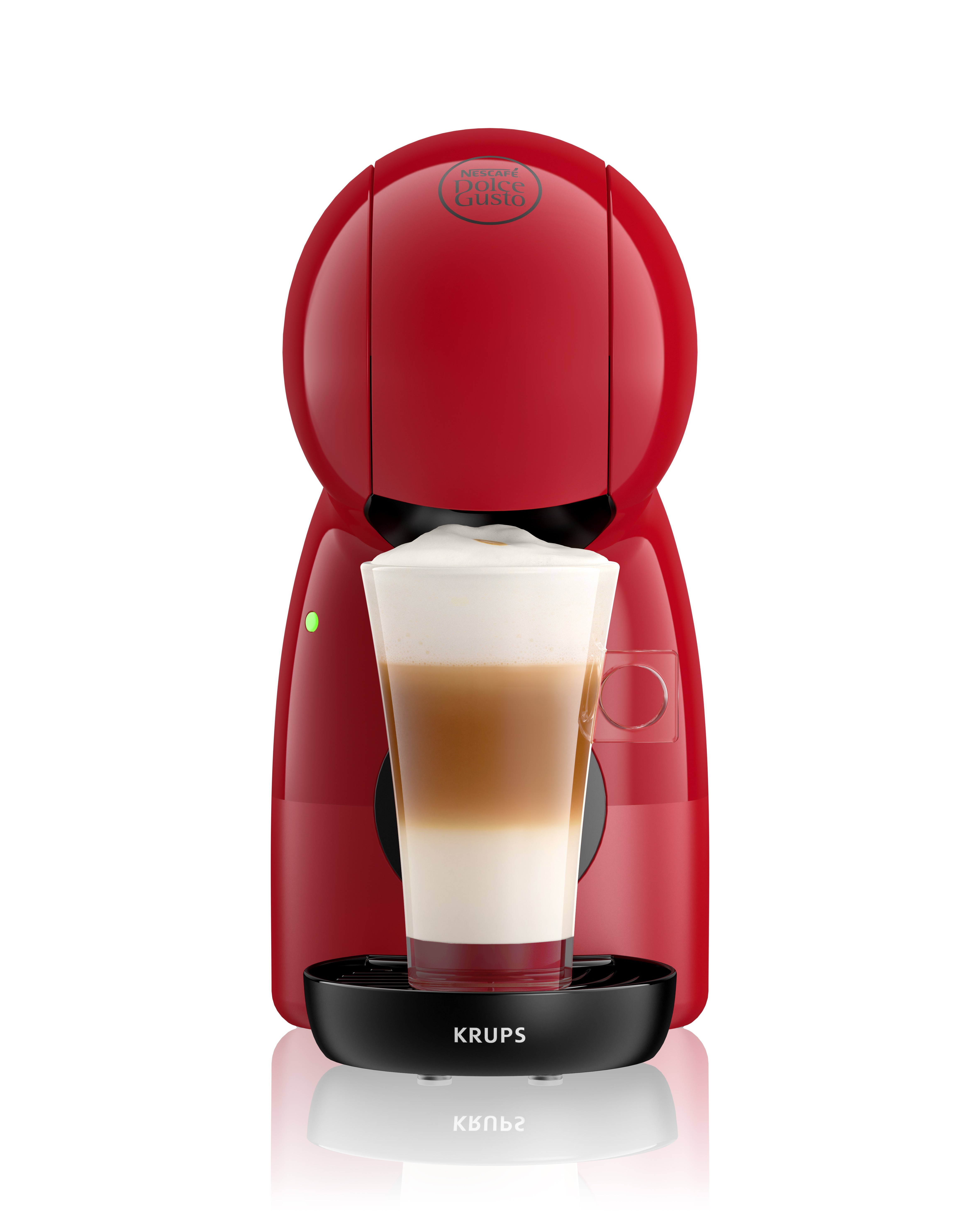 Czerwony ekspres do kawy Krups Dolce Gusto ze szklanką warstwowego latte.