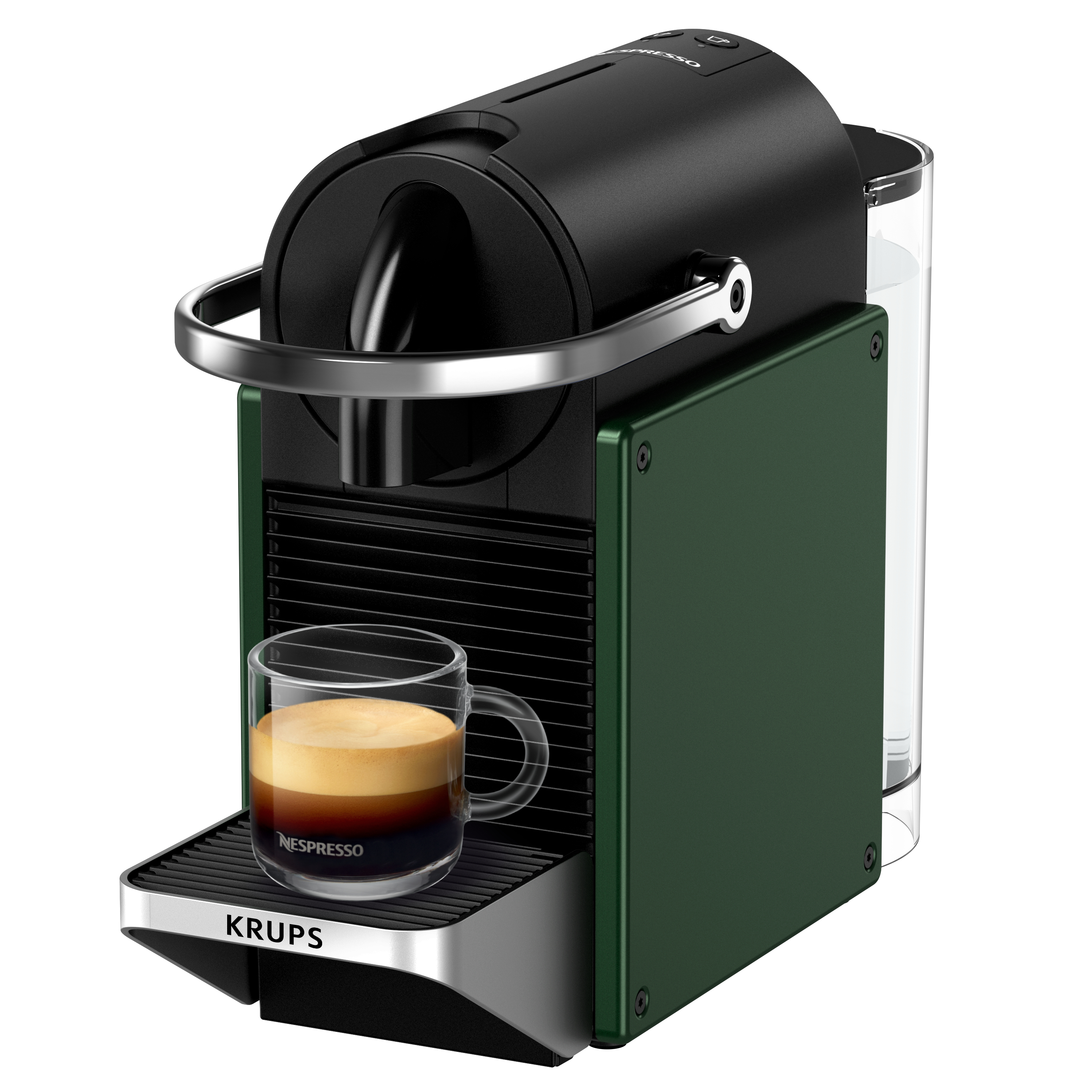 Macchina da caffè Nespresso verde scuro con bicchiere, pieno di caffè, su sfondo bianco.
