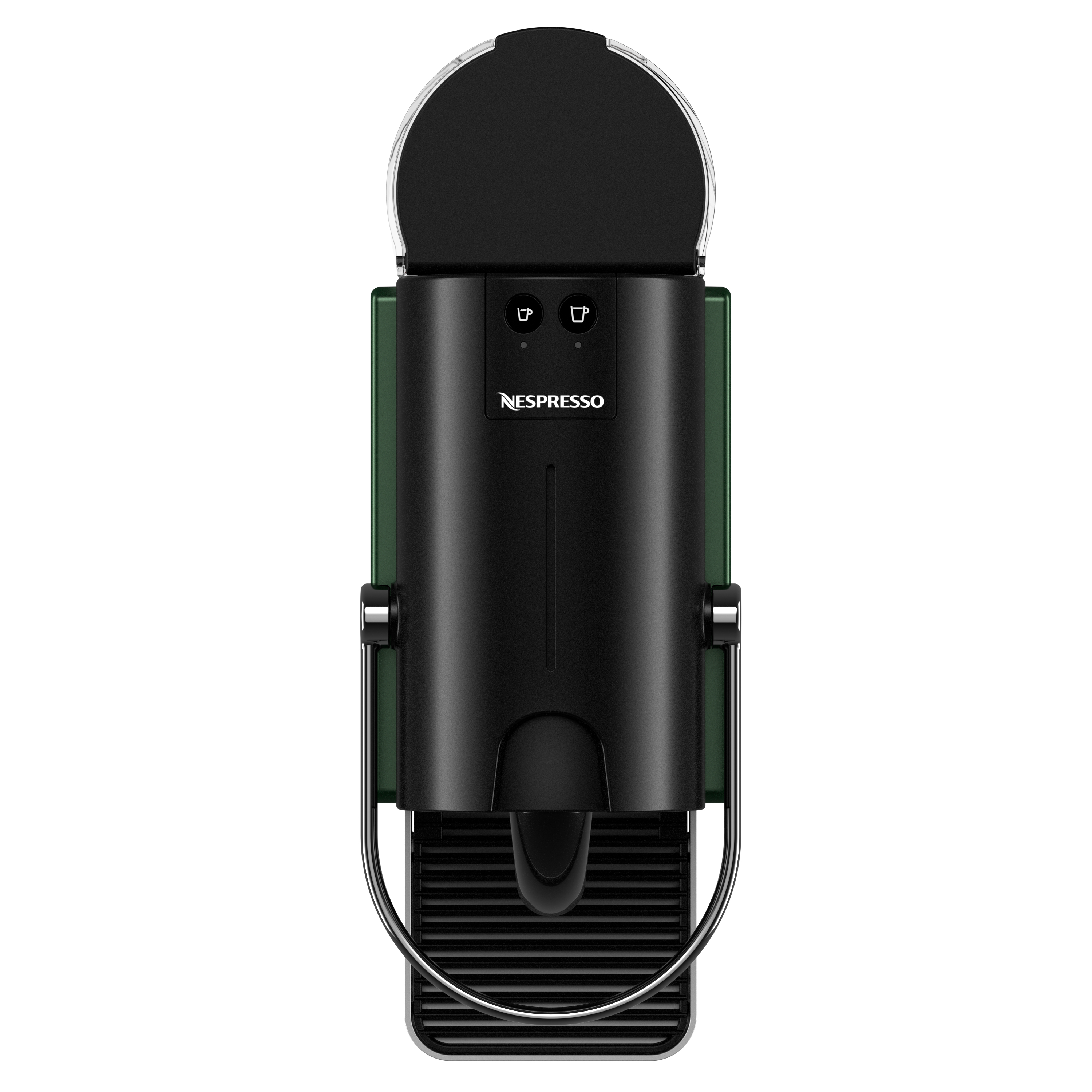 Macchina da caffè Nespresso nera. Il design ha un accento verde. Vista dall'alto.