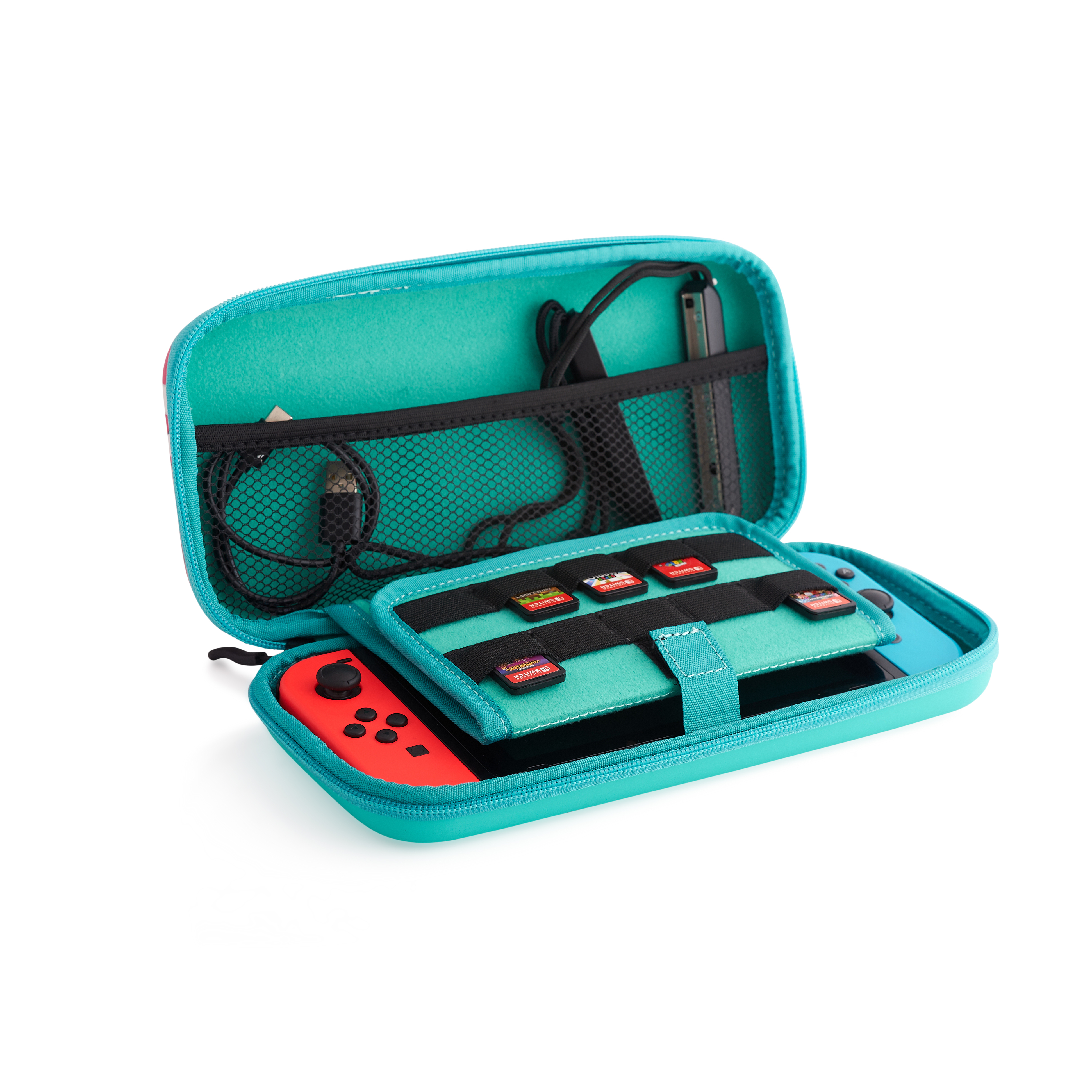 Estuche Switch turquesa abierto con consola Switch, Joy-Con rojo y cartuchos.