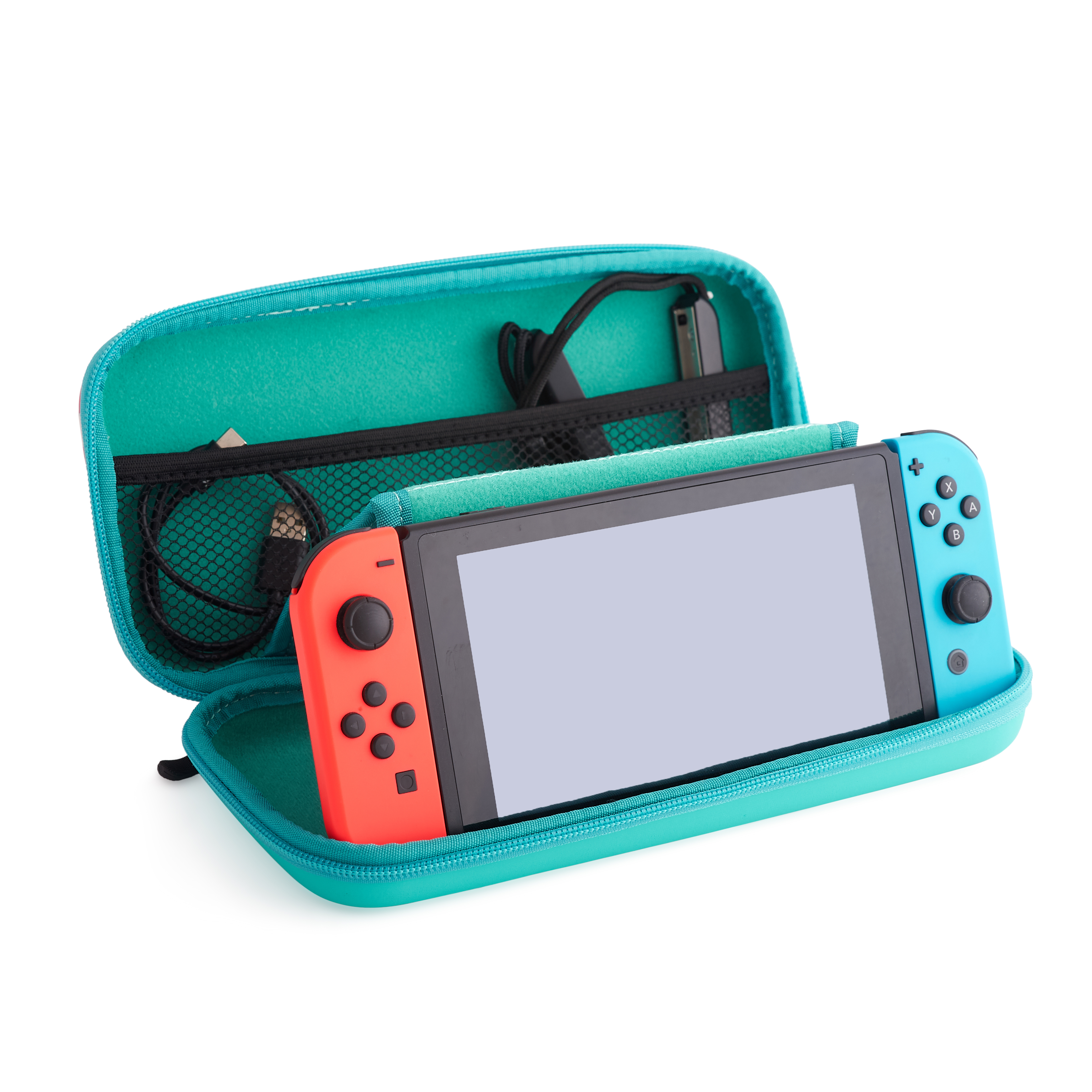 Funda Switch turquesa abierta, con la consola Switch y Joy-Cons. Fondo blanco.