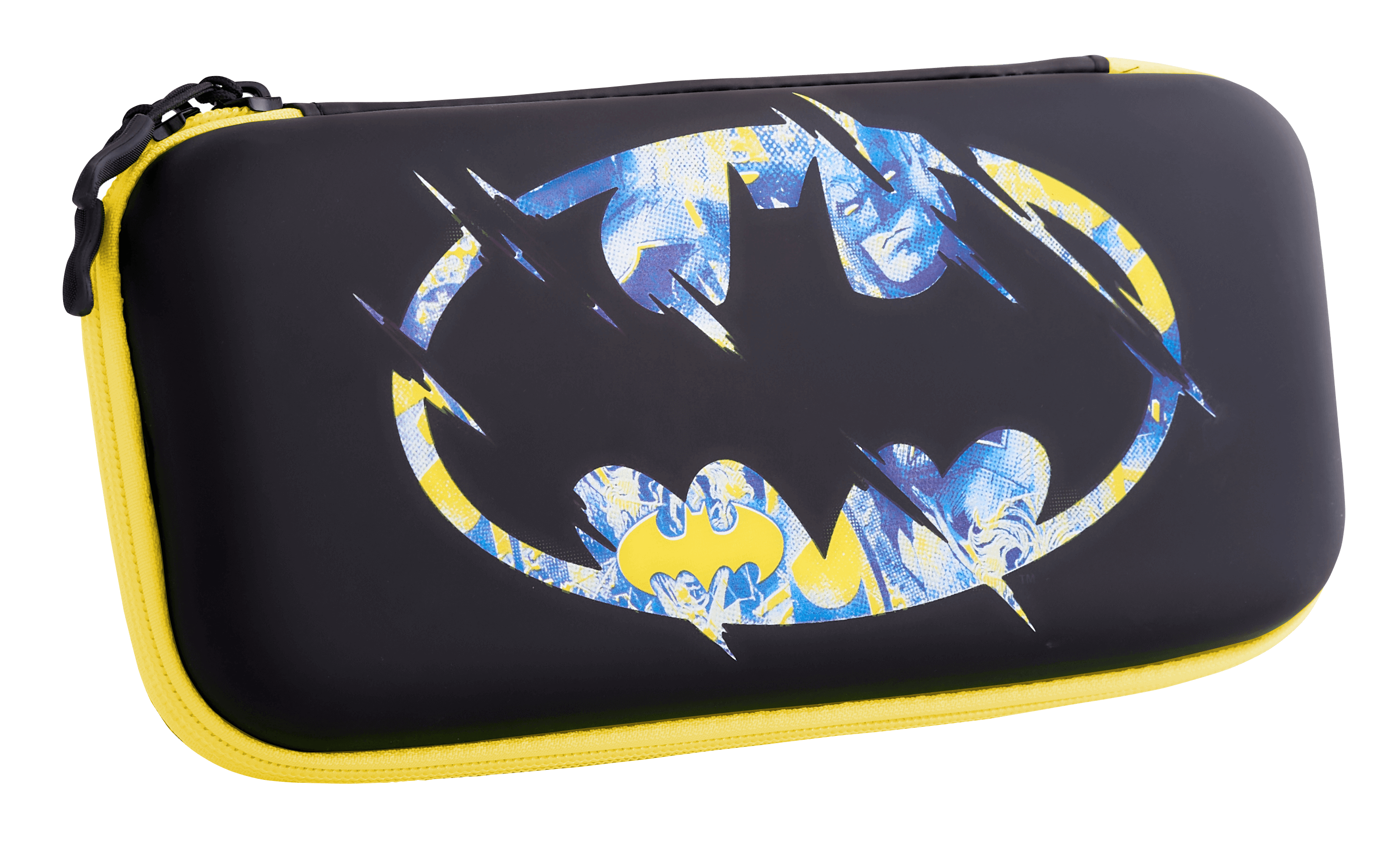 Estuche negro y amarillo de Batman. Logotipo de Batman con rasguños.