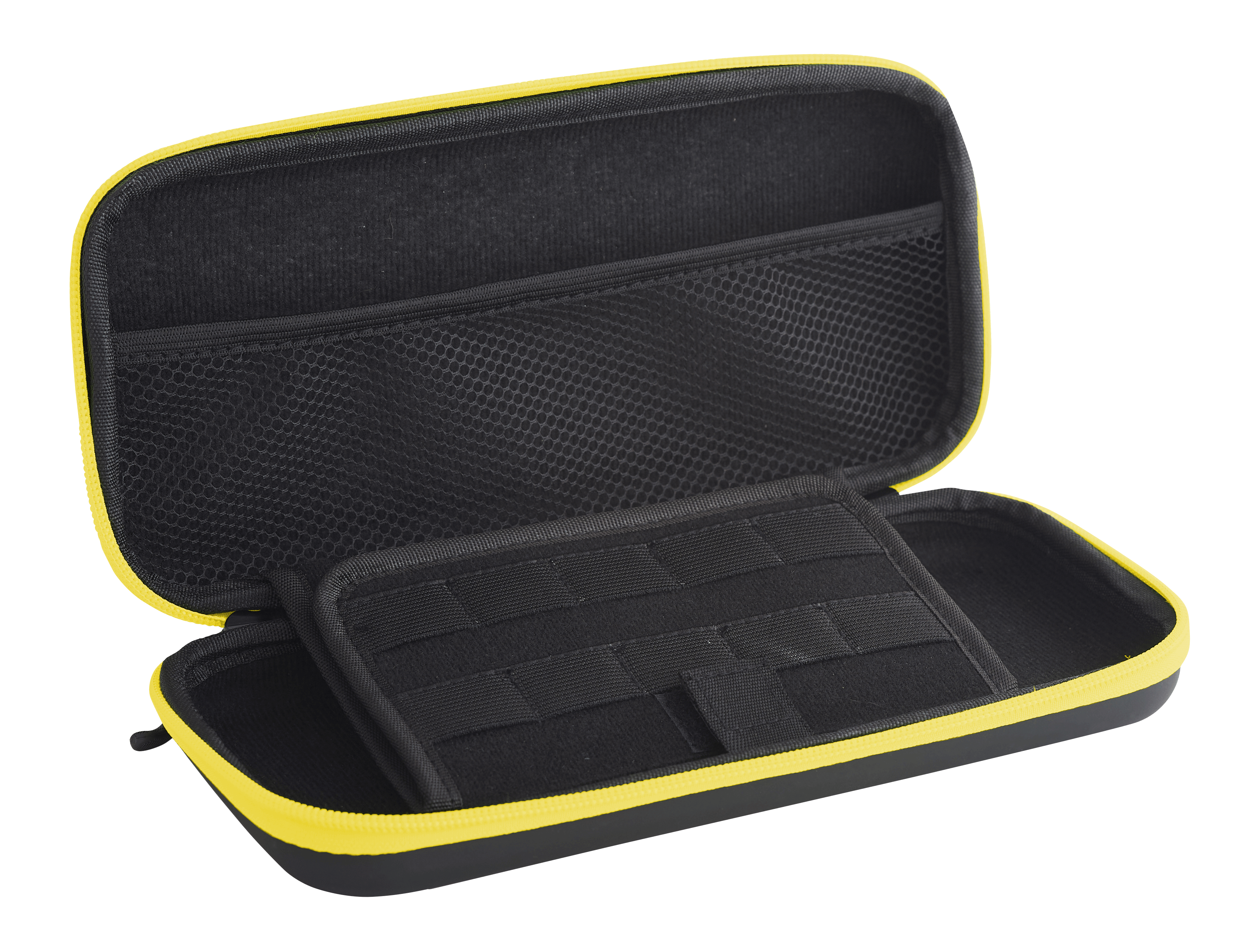 Funda de transporte negra y amarilla para Nintendo Switch, abierta, compartimentos.